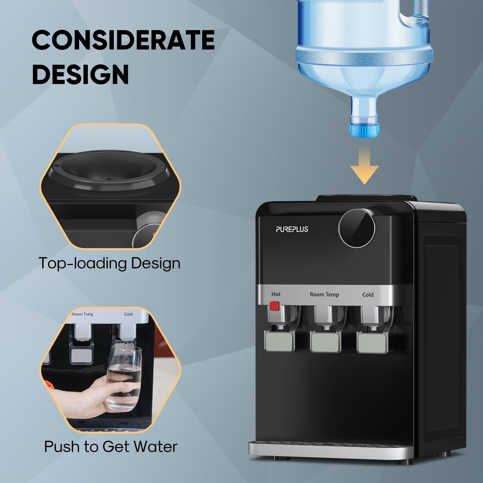PUREPLUS Top Loading Water Cooler Dispenser with Hot & Cold Water - 3 Temperature Settings, Child Safety Lock for Home & Office - Countertop Water Fountain for 3/5 Gallon Bottles, Removable Drip Tray - Perfect for Kitchen, Break Room, Dorm & Office Hydration