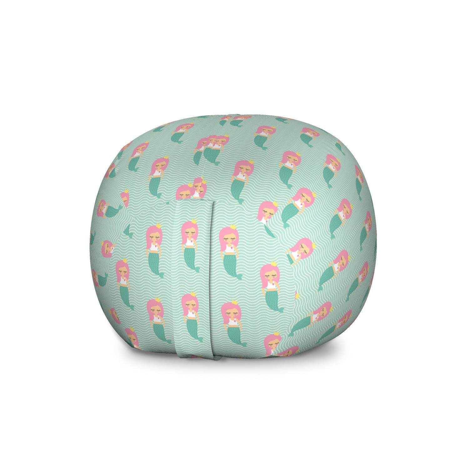 Lunarable Mermaid Toy Storage Bag Chair - Large Pink Haired Mermaid Design with Crown, Washable Stuffed Animal Organizer for Kids Room, Mint Green - Perfect for Bedroom Decor & Toy Organization
