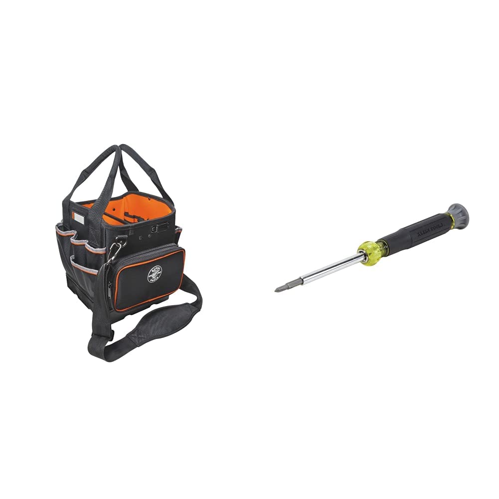 Klein Tools 5541610-14 Professional Tool Bag with 40 Pockets & Shoulder Strap + 32581 4-in-1 Electronics Screwdriver Set with Precision Bits (2 Slotted, 2 Phillips) - Ideal for Electricians, Technicians & DIY Home Repairs