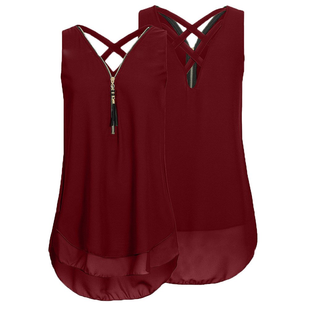 Women's Loose Fit Sleeveless Tank Top with Cross Back Design & Layered Hem - V-Neck Zipper Detail Casual T-Shirt for Summer, Gym, Yoga, and Everyday Wear
