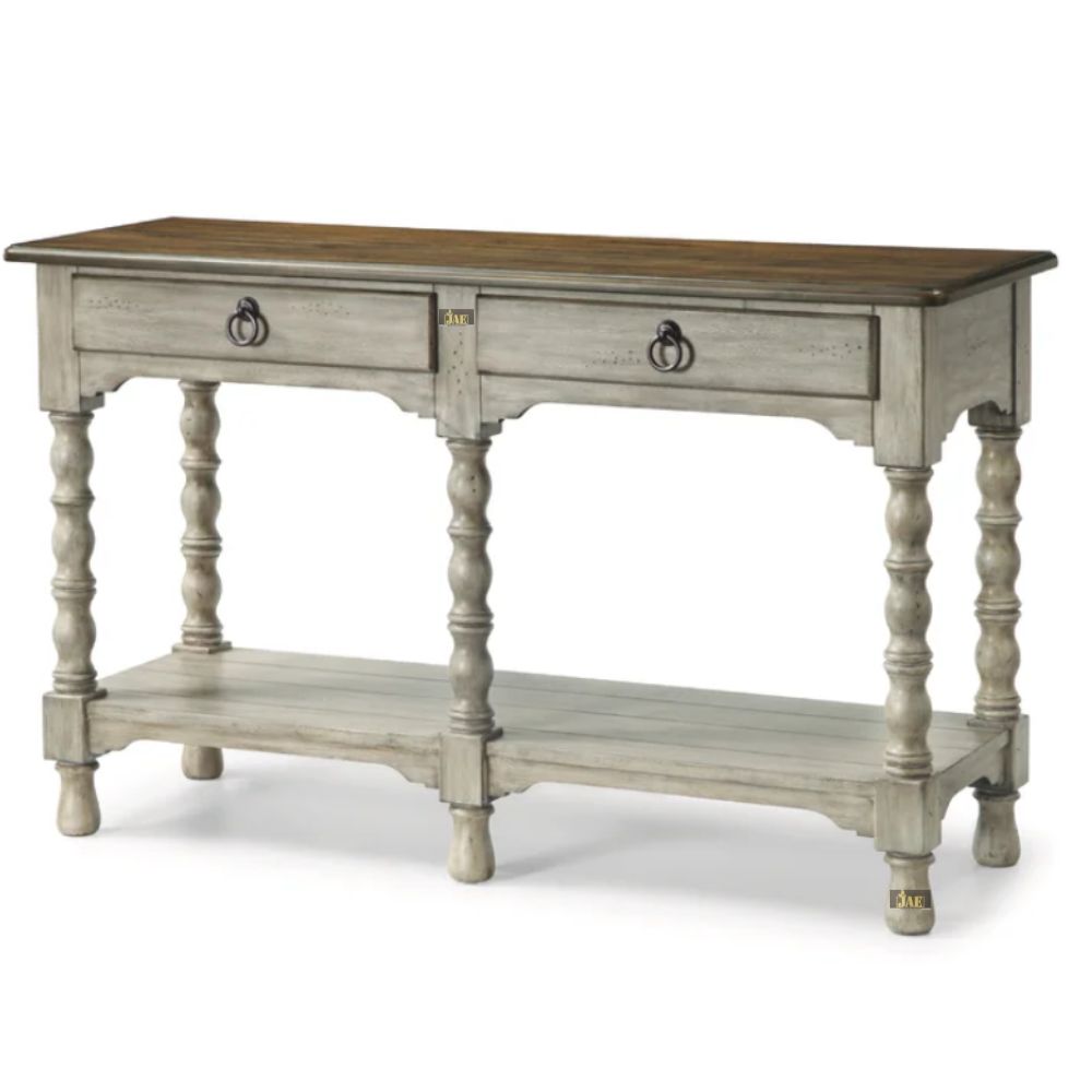 French Provincial Style Grey Wooden Pillar Console Table - Elegant Entryway, Hallway, or Living Room Decor