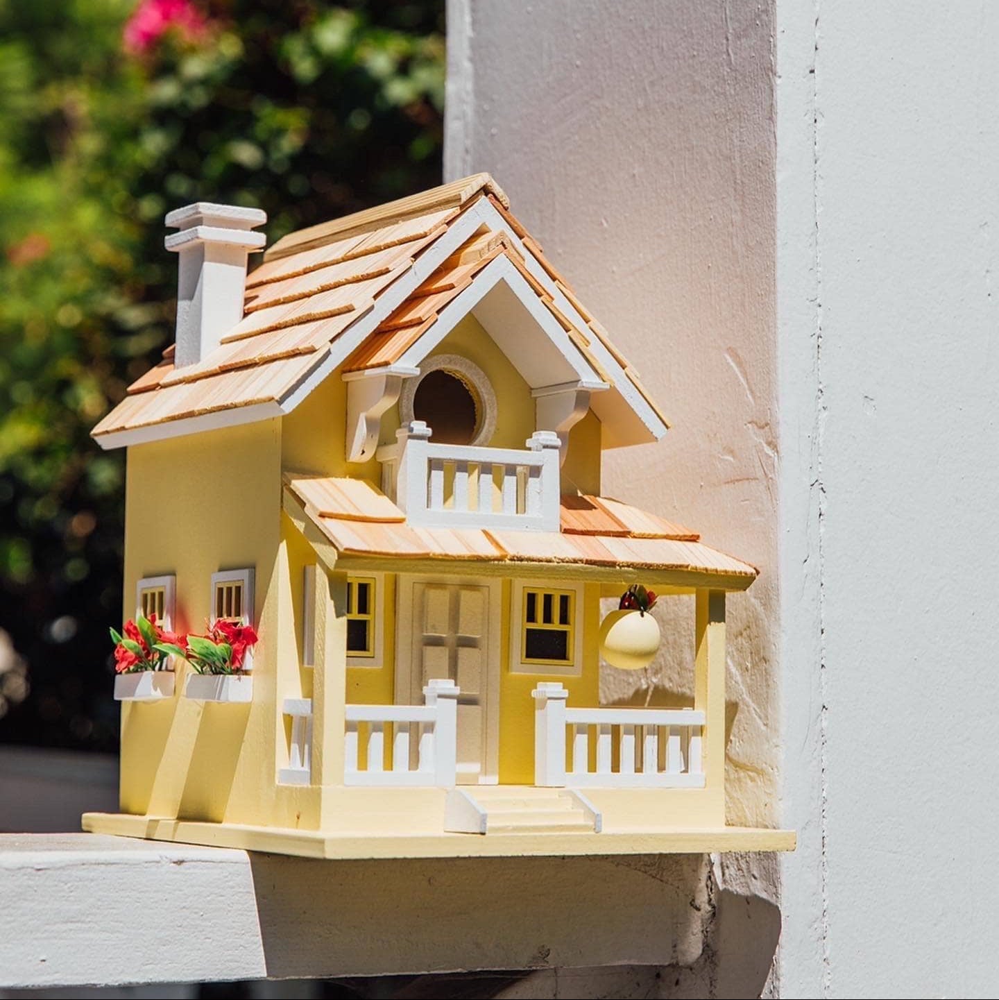 Yellow Veranda Bird House - Handcrafted Wooden Birdhouse for Outdoor Garden Decoration - Attract Wild Birds to Your Backyard or Patio