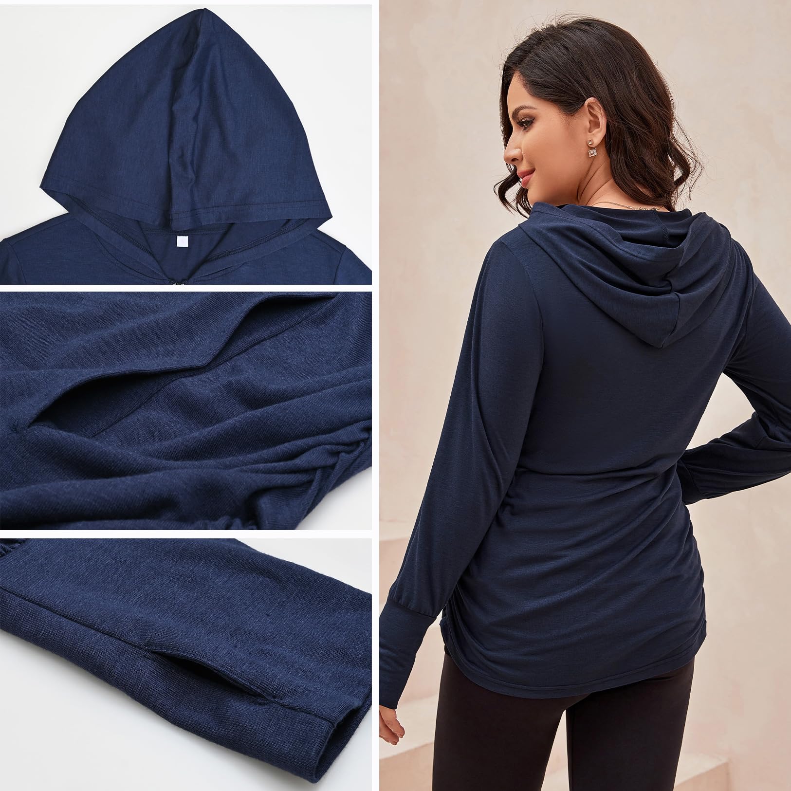 DEBELLY Maternity Hoodie - Women's Full Zip Long Sleeve Pregnancy Sweatshirt with Pockets & Thumb Holes | Comfortable Side Ruching for Bump Support | Perfect for Casual Wear, Nursing & Maternity Photos