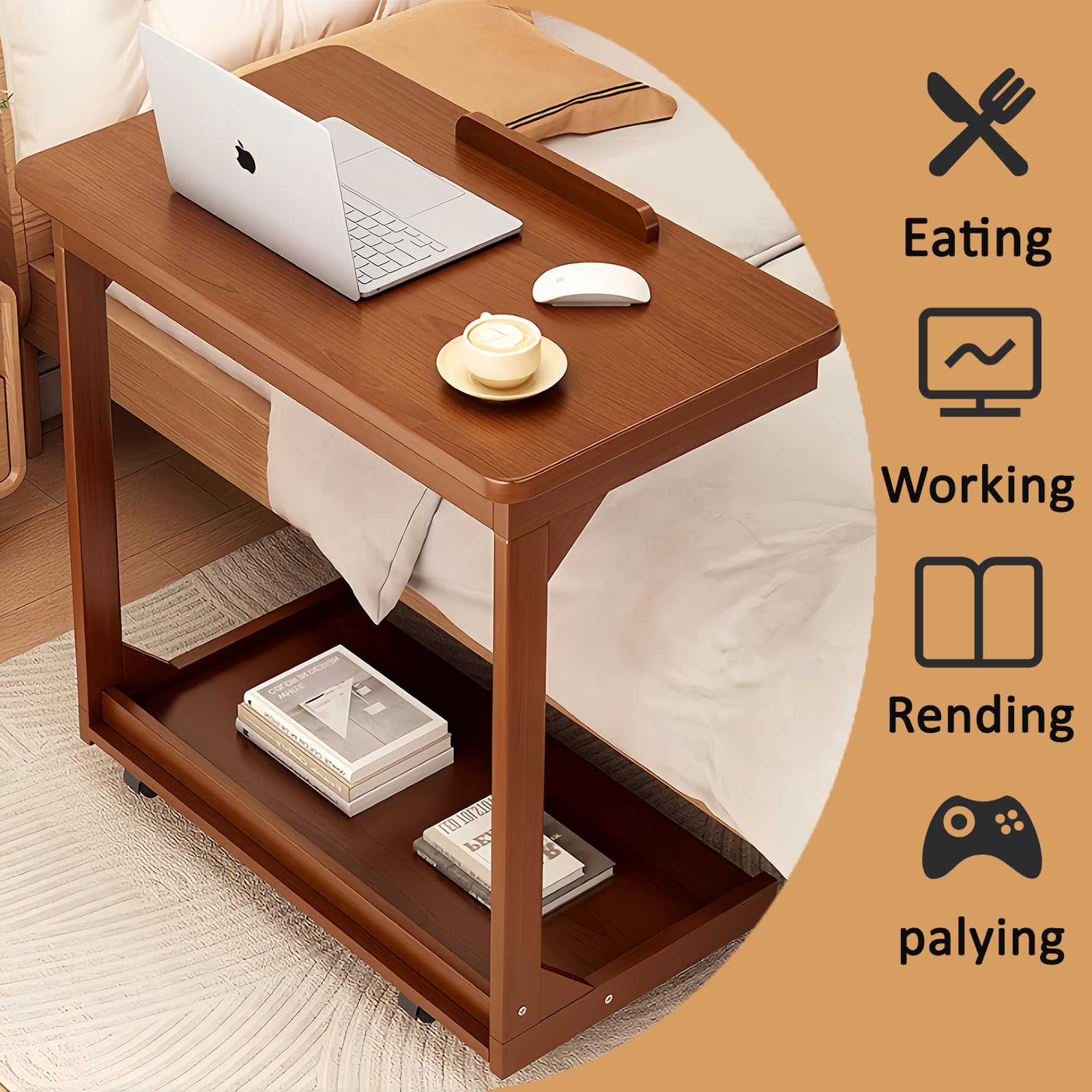 360° Swivel Overbed Table with Tiltable Desktop - Walnut Wood Mobile Bedside Desk with Storage Shelf & Wheels - Perfect for Living Room, Bedroom, or Sofa Use (23.6 Inches)