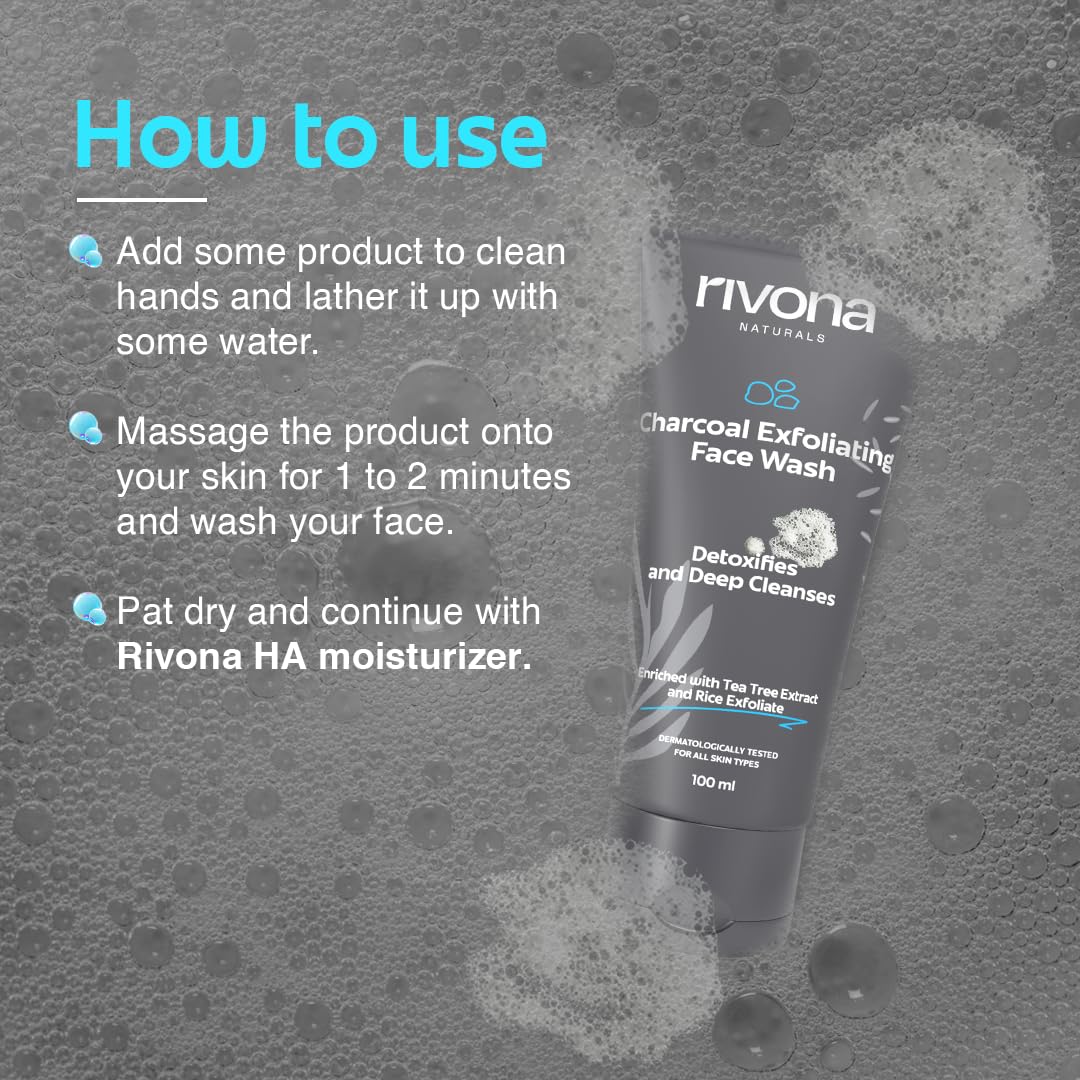 Rivona Naturals Charcoal Face Wash for Men - Anti-Pollution & Deep Pore Cleansing with Tea Tree & Rice Granules (100ml) | Gentle Daily Cleanser for Oily & Acne-Prone Skin | Perfect for Gym, Travel & Post-Workout Skincare Routine