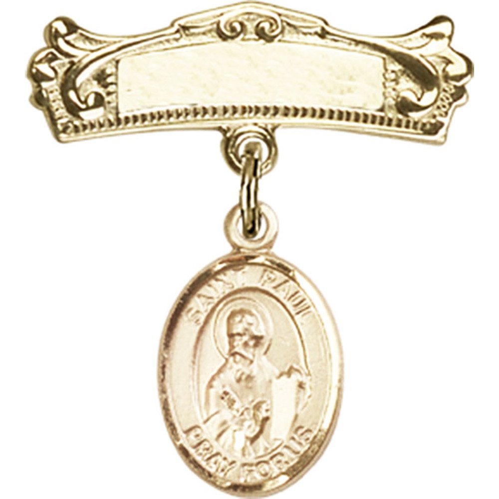 Gold Filled Baby Badge with St. Paul The Apostle Charm - 7/8 X 3/4 Inch Arched Polished Pin for Christening, Baptism & First Communion Gifts - Religious Jewelry for Babies & Toddlers