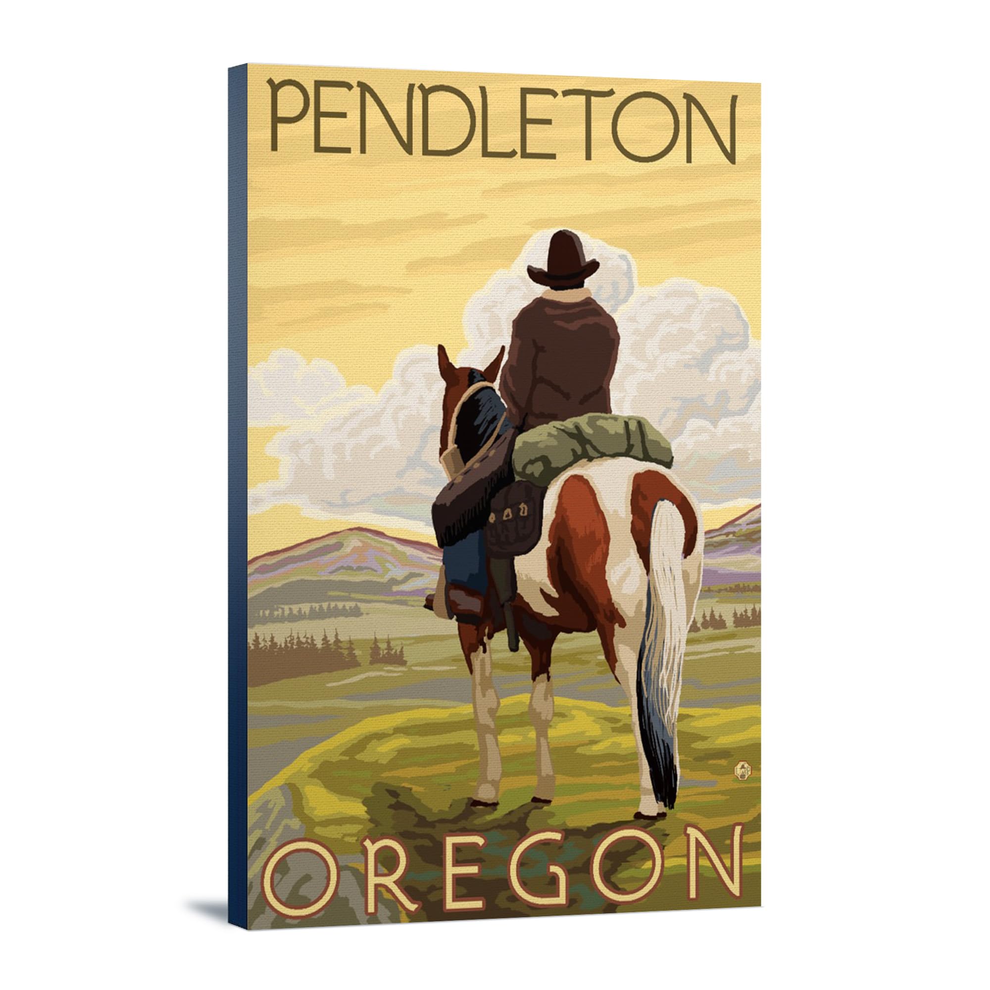 Pendleton Oregon Cowboy & Horse Wall Art - 16x24 Wrapped Canvas Print - Western Home Decor for Living Room, Office & Cabin