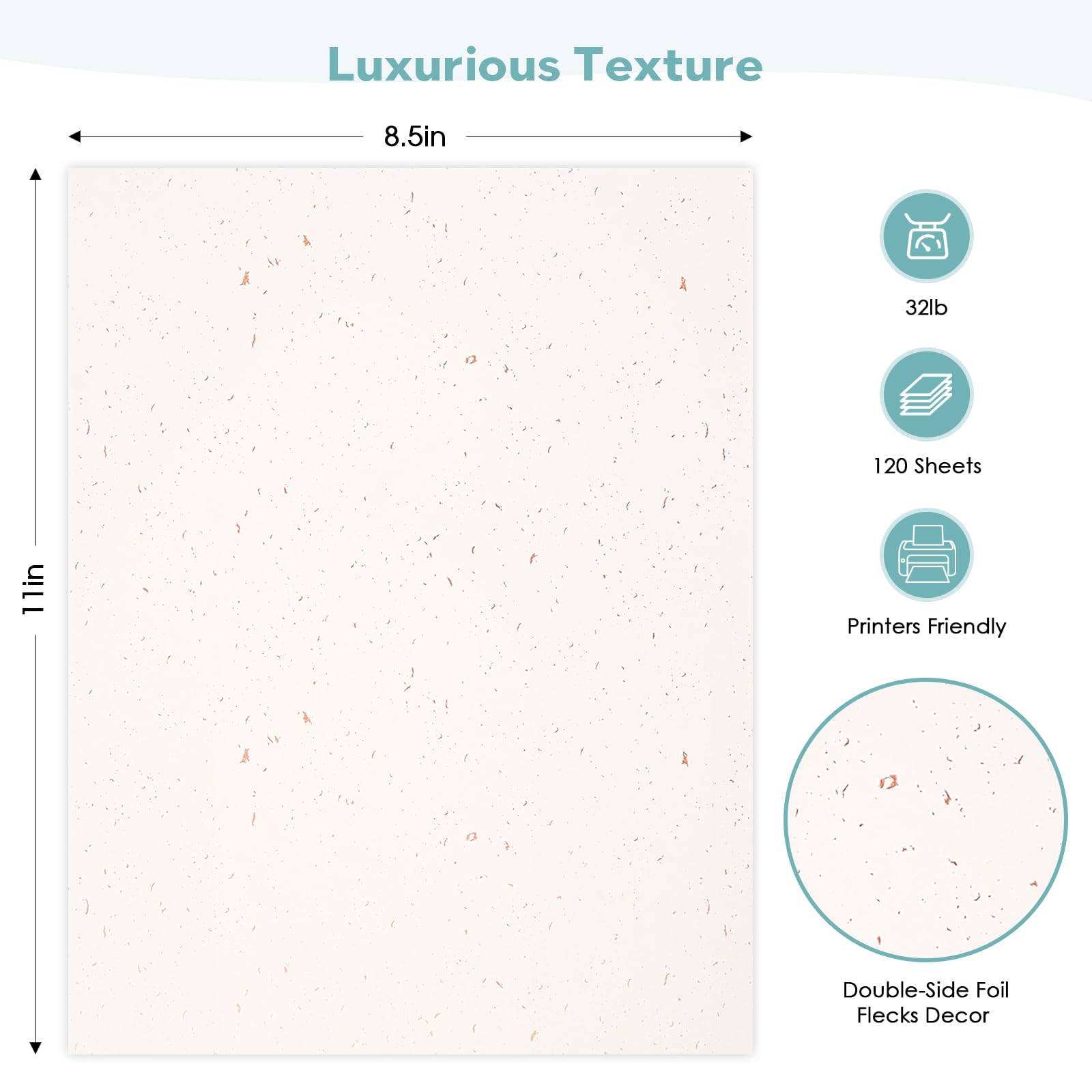 120 Pack Ivory Card Stock Printer Paper 8.5X11 - 120 GSM 32 lb Premium Resume Paper with Rose Gold Foil Confetti - Perfect for Printing, Scrapbooking, Craft Projects, Wedding Invitations & Business Documents