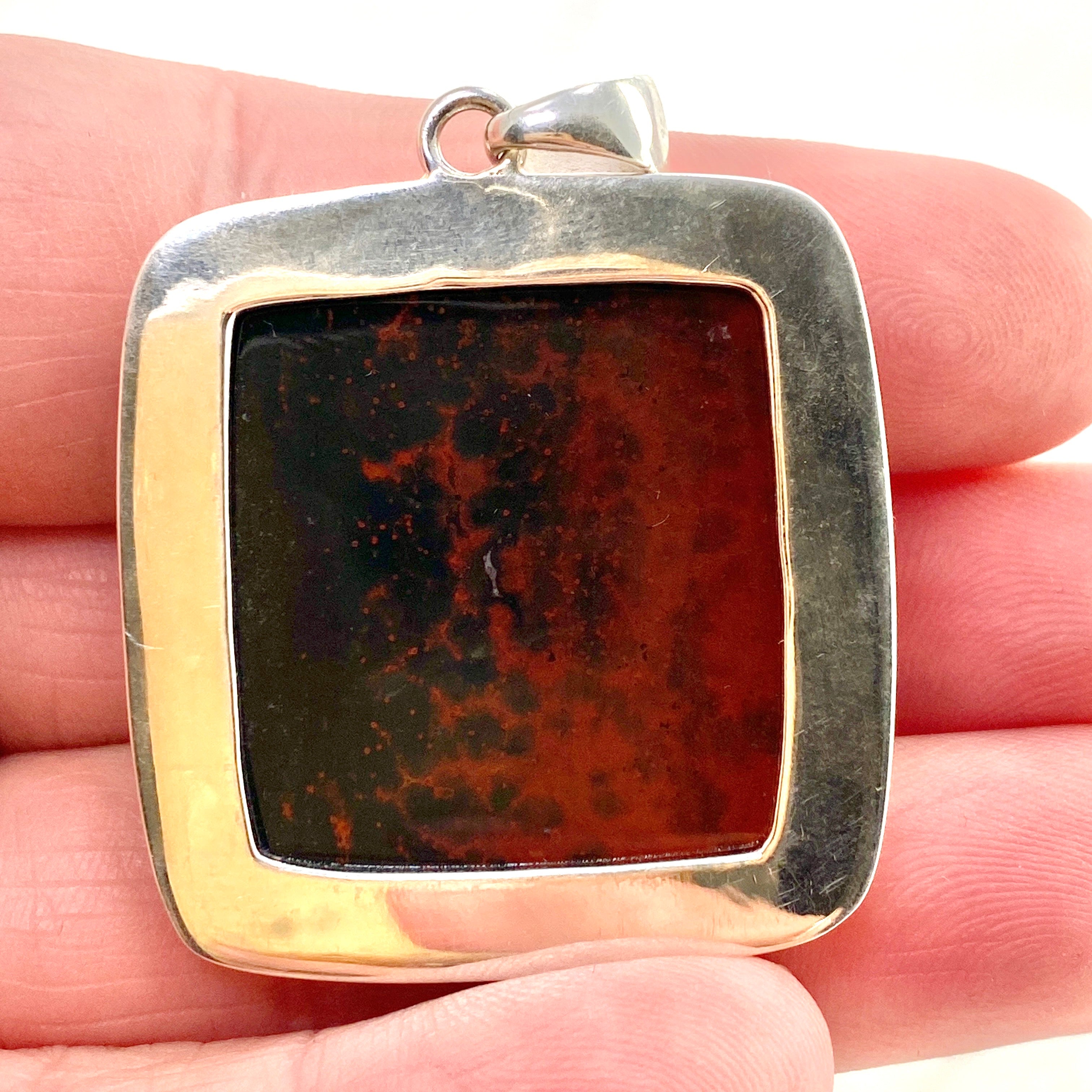 Natural Bloodstone Square Cabochon Pendant in Hammered Sterling Silver Setting KPGJ4743 - Perfect for Healing Jewelry, Meditation & Spiritual Gifts
