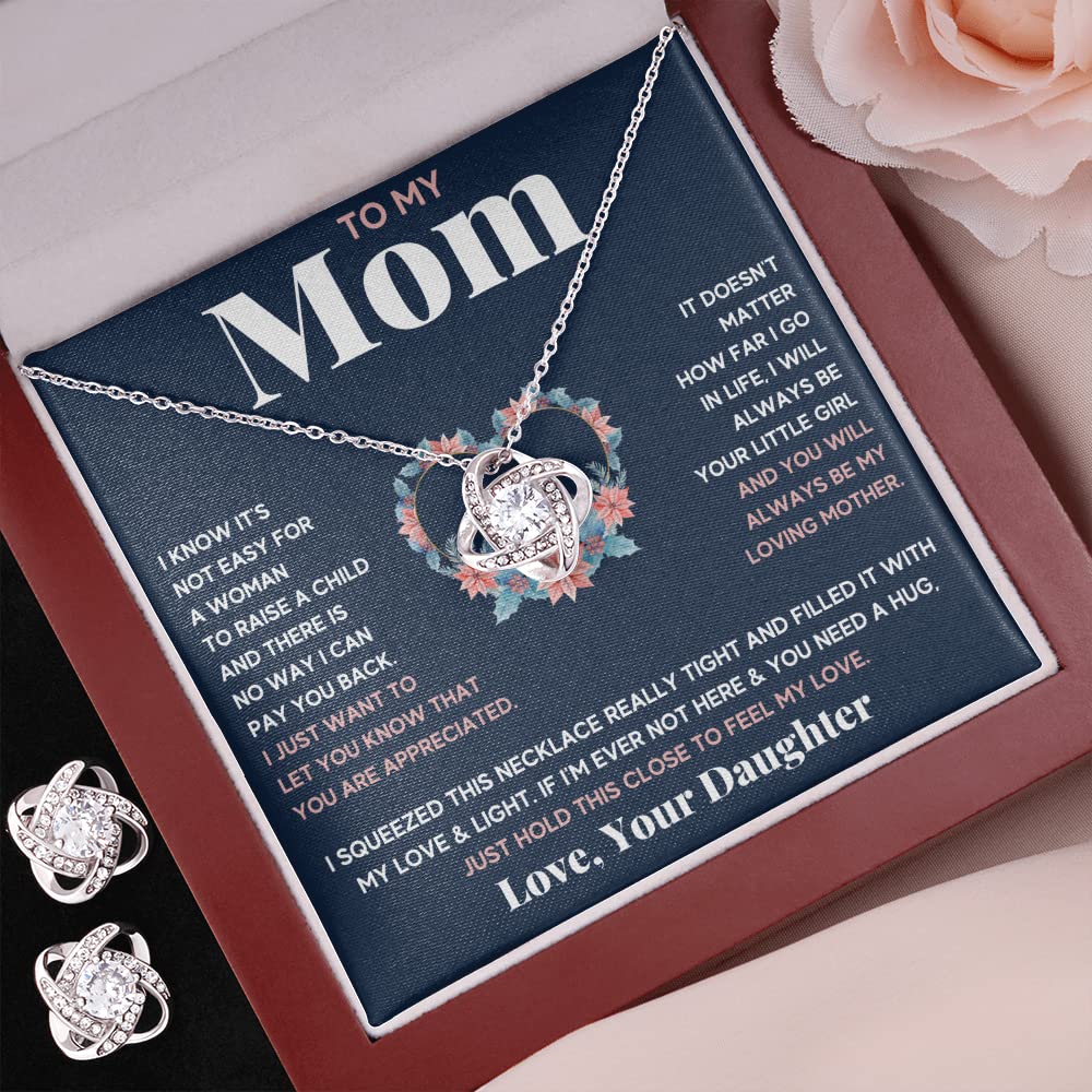 Mother Daughter Necklace Set - Heart Pendant Jewelry Gift for Mom Birthday, Christmas & Mother's Day - Engraved Message Card & LED Gift Box with Matching Earrings (Blue Little Girl Squeezed Charm) - Perfect for Mother-Daughter Bonding Moments & Special Occasions