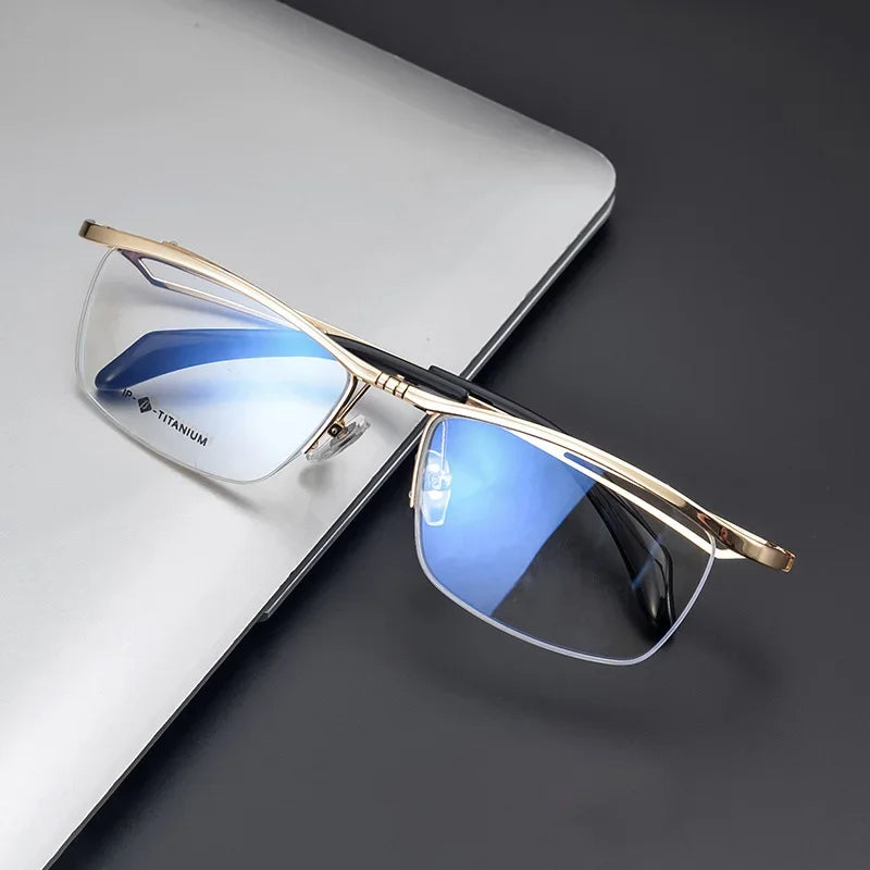 Men's Titanium Flip-Up Square Semi-Rimless Eyeglasses - Lightweight & Durable for Reading, Driving & Outdoor Activities