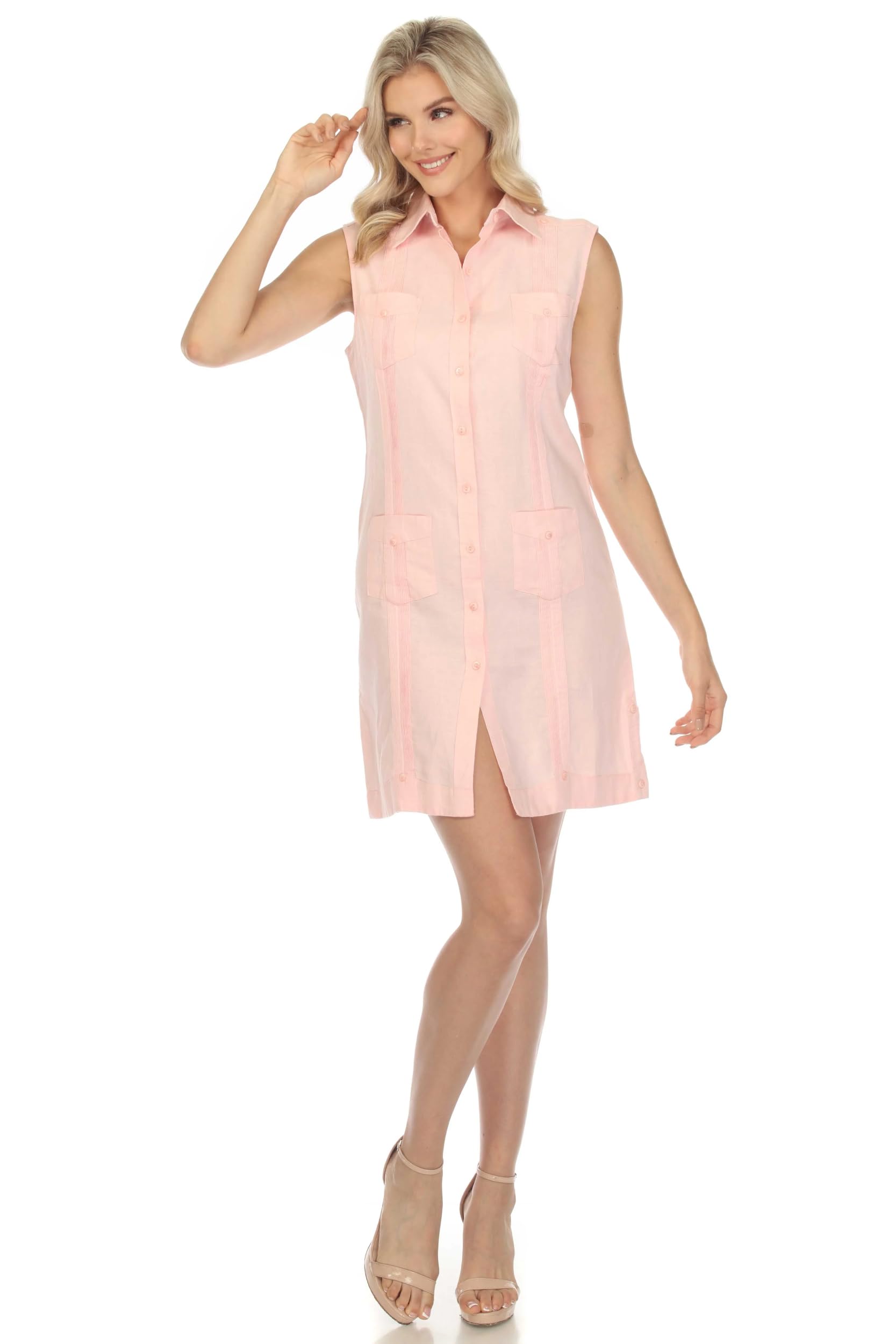 Women's Guayabera Dress - Classic Linen Blend Sleeveless Button Down Shirt Dress for Summer Beach Vacation & Casual Outings