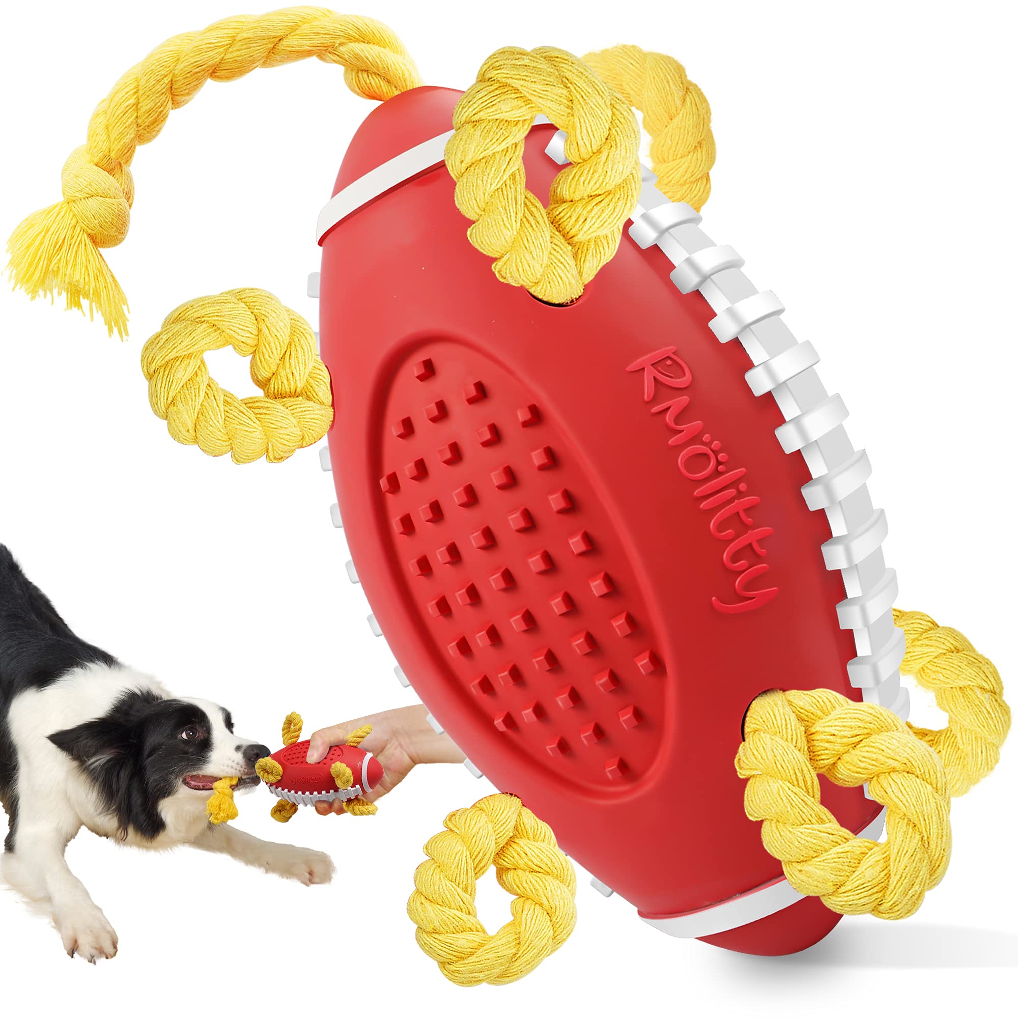 Rmolitty Indestructible Squeaky Dog Toys for Aggressive Chewers - Durable Natural Rubber Chew Toys for Large & Medium Breed Dogs (Rugby-Red) - Perfect for Playtime, Training & Teeth Cleaning