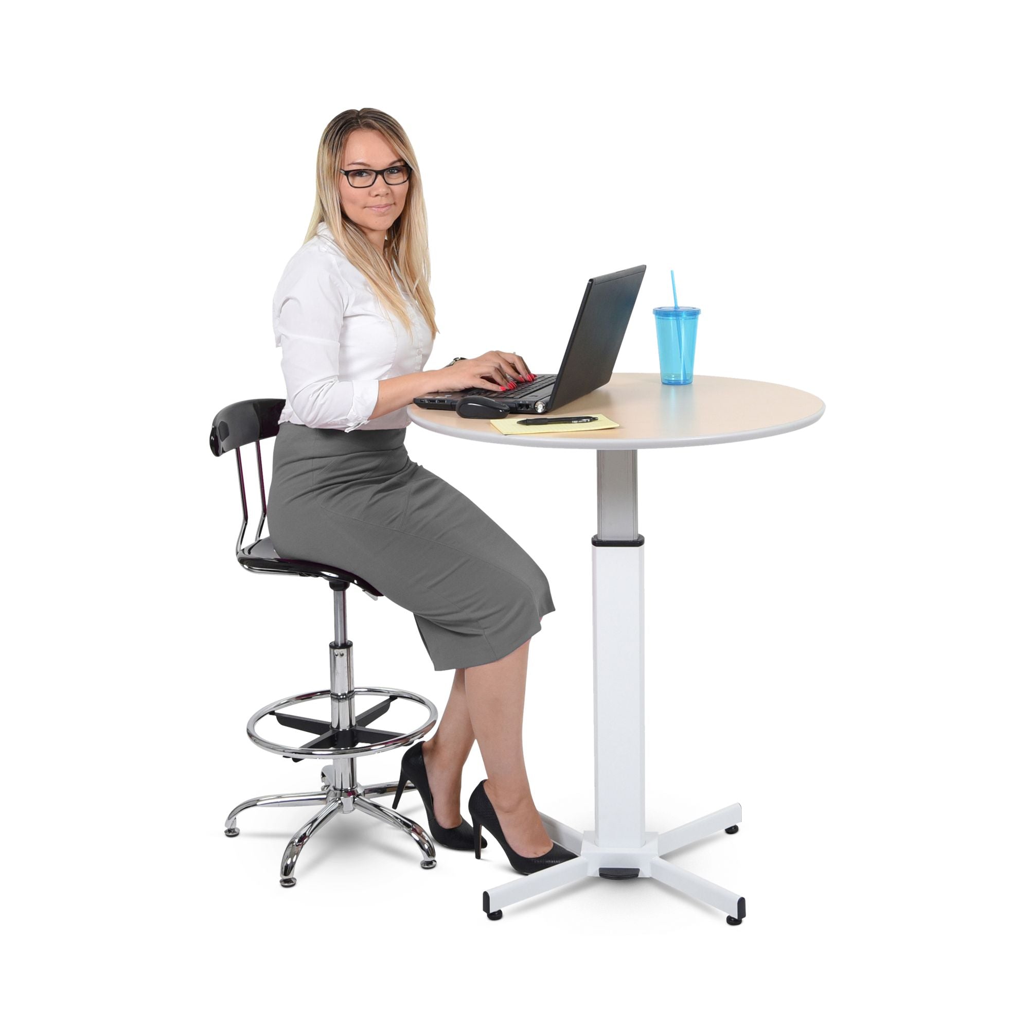 Adjustable Height Round Pedestal Table - Pneumatic Lift Mechanism for Home Office, Dining Room, or Kitchen Use