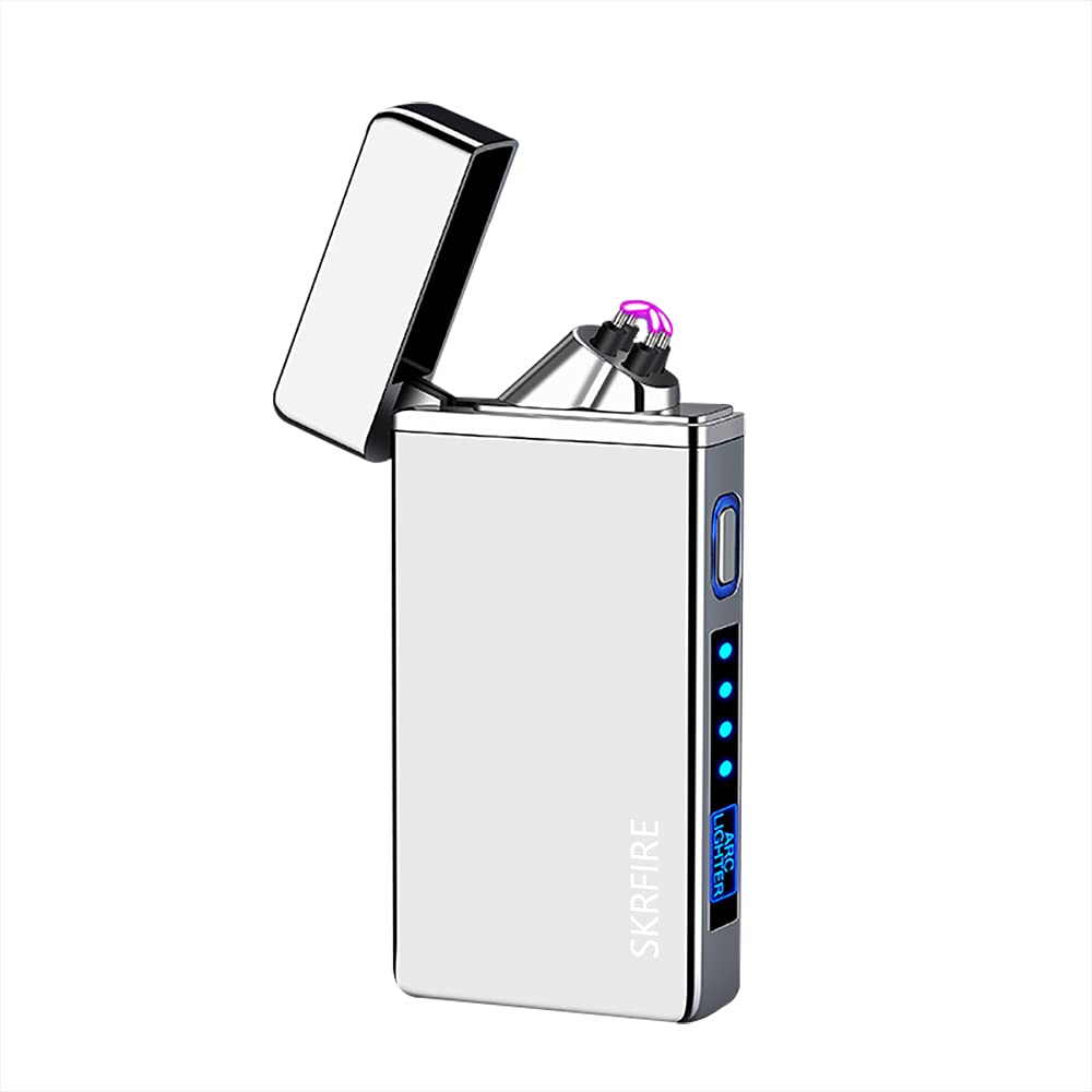 SKRFIRE Windproof Dual Arc Electric Lighter - Rechargeable USB Flameless Plasma Lighter with PVD Coating & Battery Indicator for Camping, Hiking, BBQ and Outdoor Use (Icy Silver)
