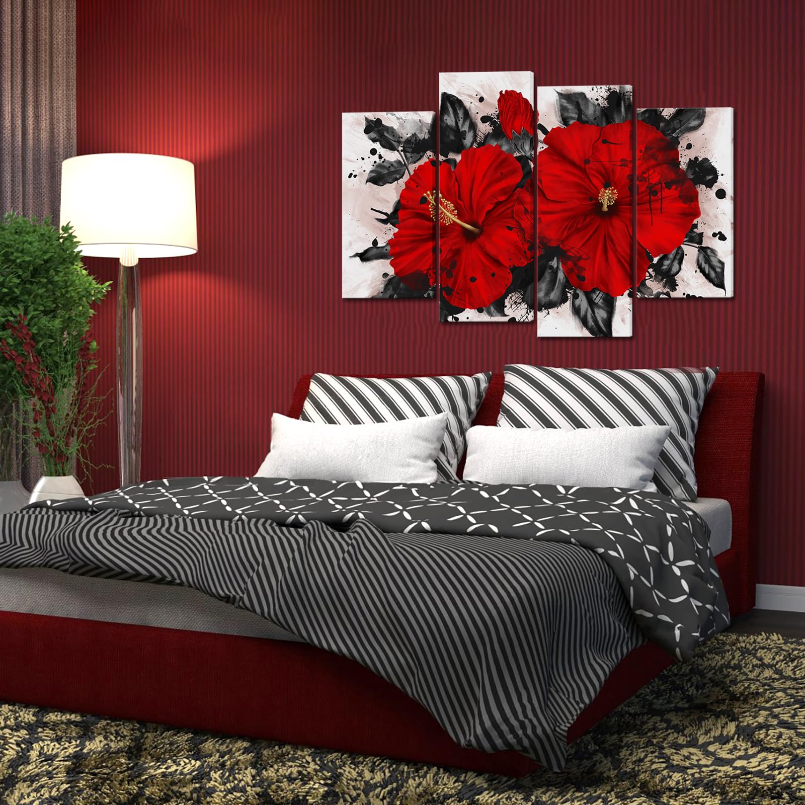 Vibrant Hibiscus Flower Canvas Wall Art - Tropical Hawaiian Red Floral Painting for Bathroom, Living Room & Bedroom Decor - Framed Ready-to-Hang Home Décor | Perfect for Beach House, Boho Style & Tropical Theme Interiors