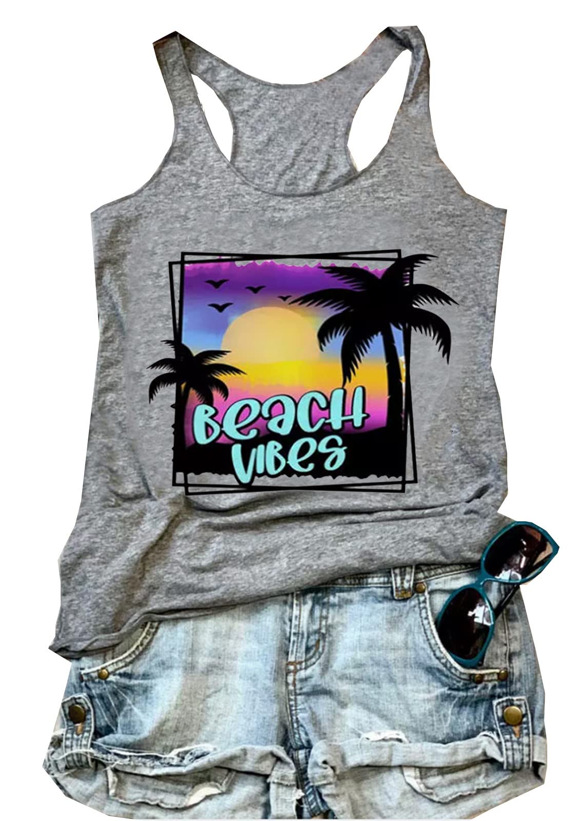 Women's Coconut Tree Sunset Tank Top - Casual Beachwear, Summer Vacation & Workout Shirt | Perfect for Beach Outings, Pool Parties & Yoga Sessions