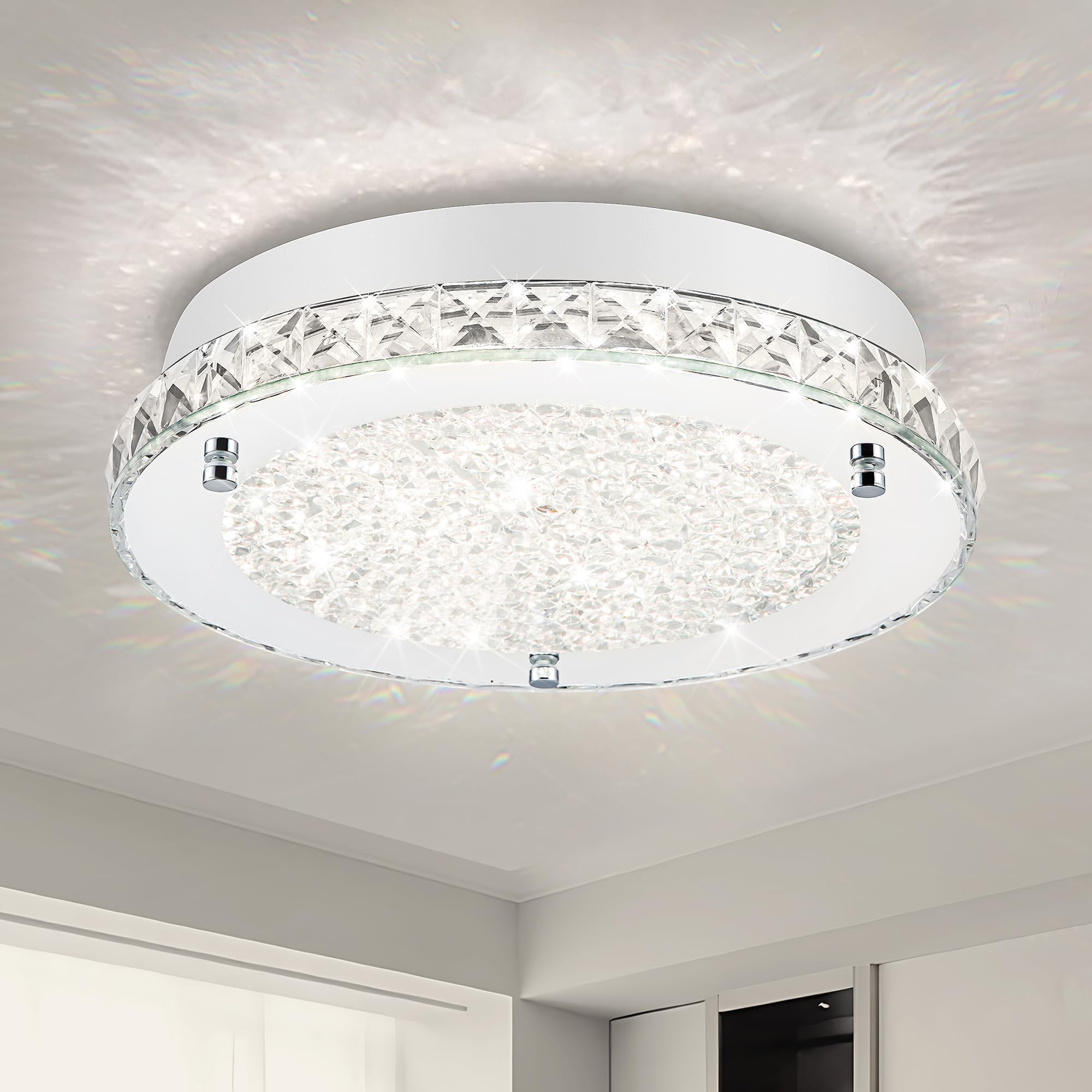 Dimmable Crystal LED Ceiling Light Fixture - 24W 4000K Daylight Flush Mount for Kitchen, Bedroom, Bathroom & Living Room | Elegant Lighting for Hallways & Home Decor