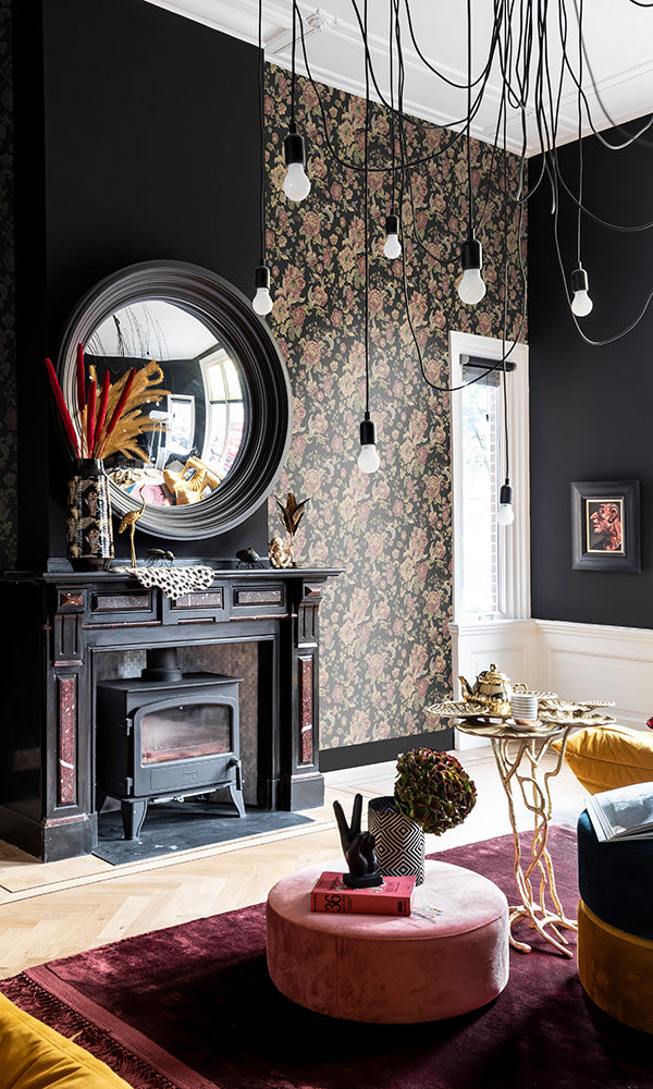 Vintage Black Floral Wallpaper R6413 - Bold Blooming Design for Living Room, Bedroom & Home Decor