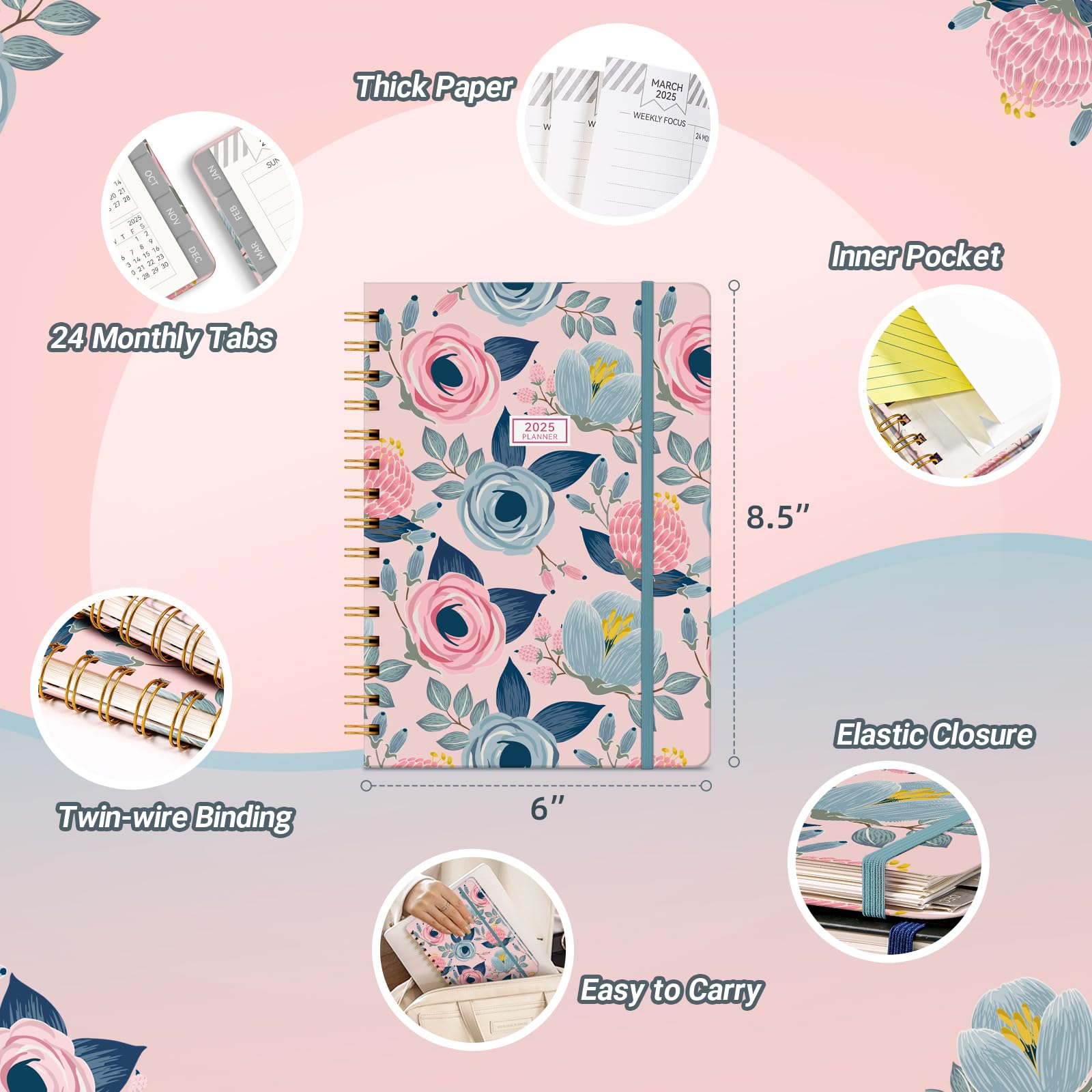 2025 Planner - Weekly & Monthly Calendar Organizer (Jan-Dec 2025) | Hardcover Spiral Bound with Inner Pocket | 8