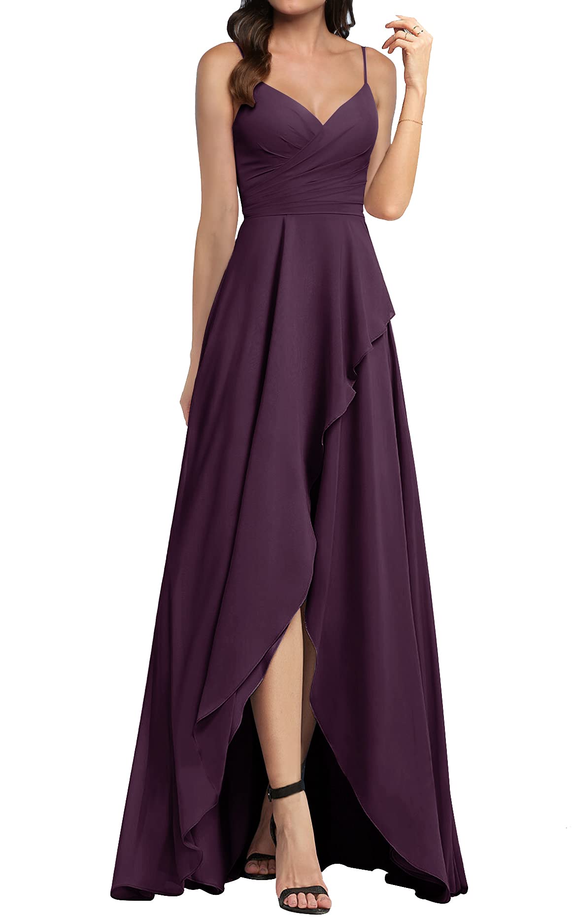 JAEDEN Long Hi-Lo Chiffon Bridesmaid Dresses - V-Neck Spaghetti Strap Prom & Evening Gowns for Weddings, Parties & Special Occasions