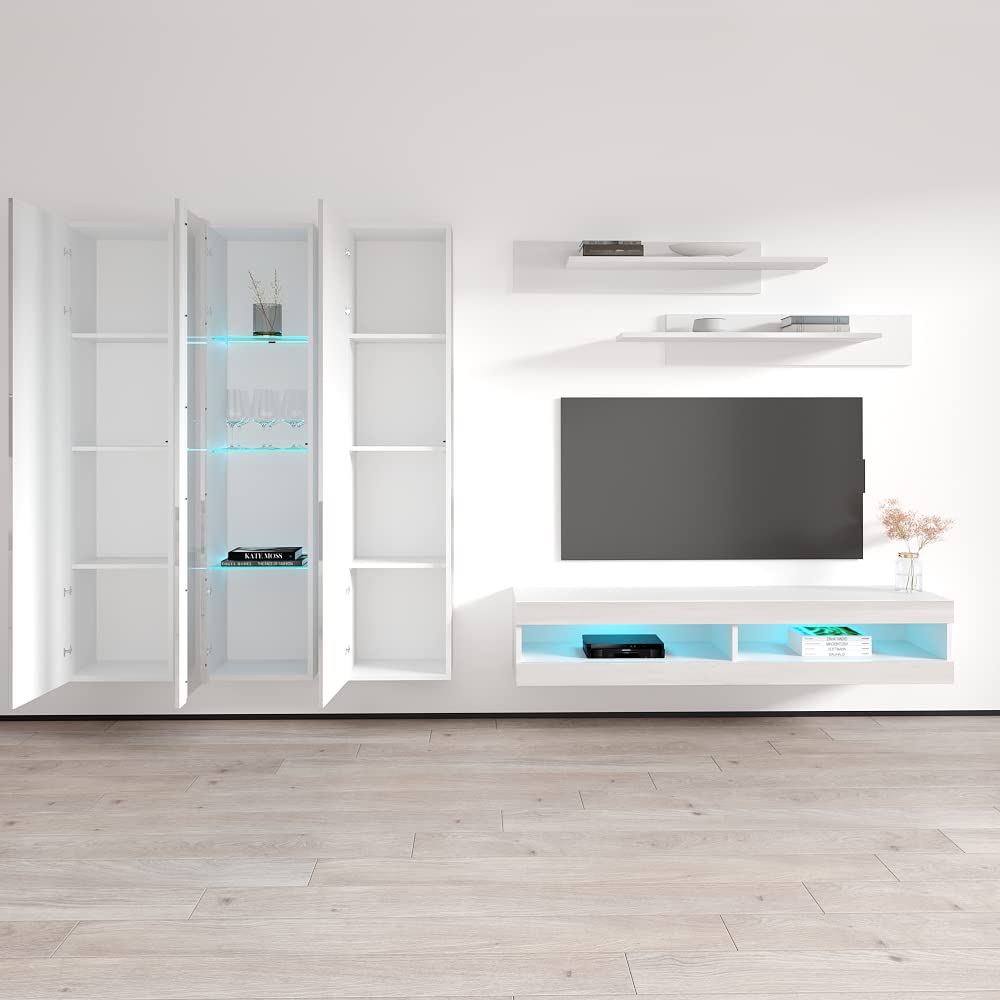 Modern White Wall-Mounted TV Stand with Storage Shelves & LED Lights - 34