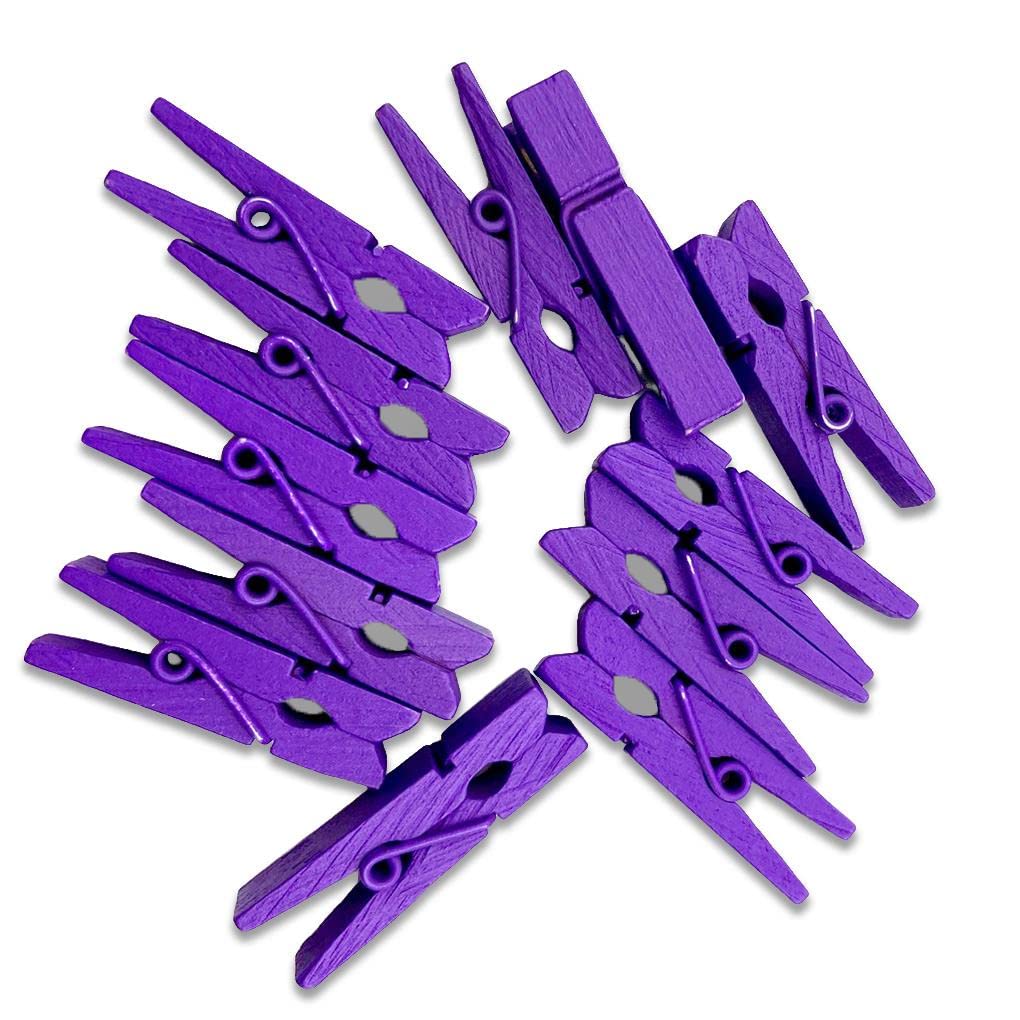 100pcs 35mm Natural Wooden Clips - Photo Clips, Clothespins for DIY, Wedding, Party Decor - Wooden Pegs (Purple) - Perfect for Hanging Photos, Crafts, and Home Organization