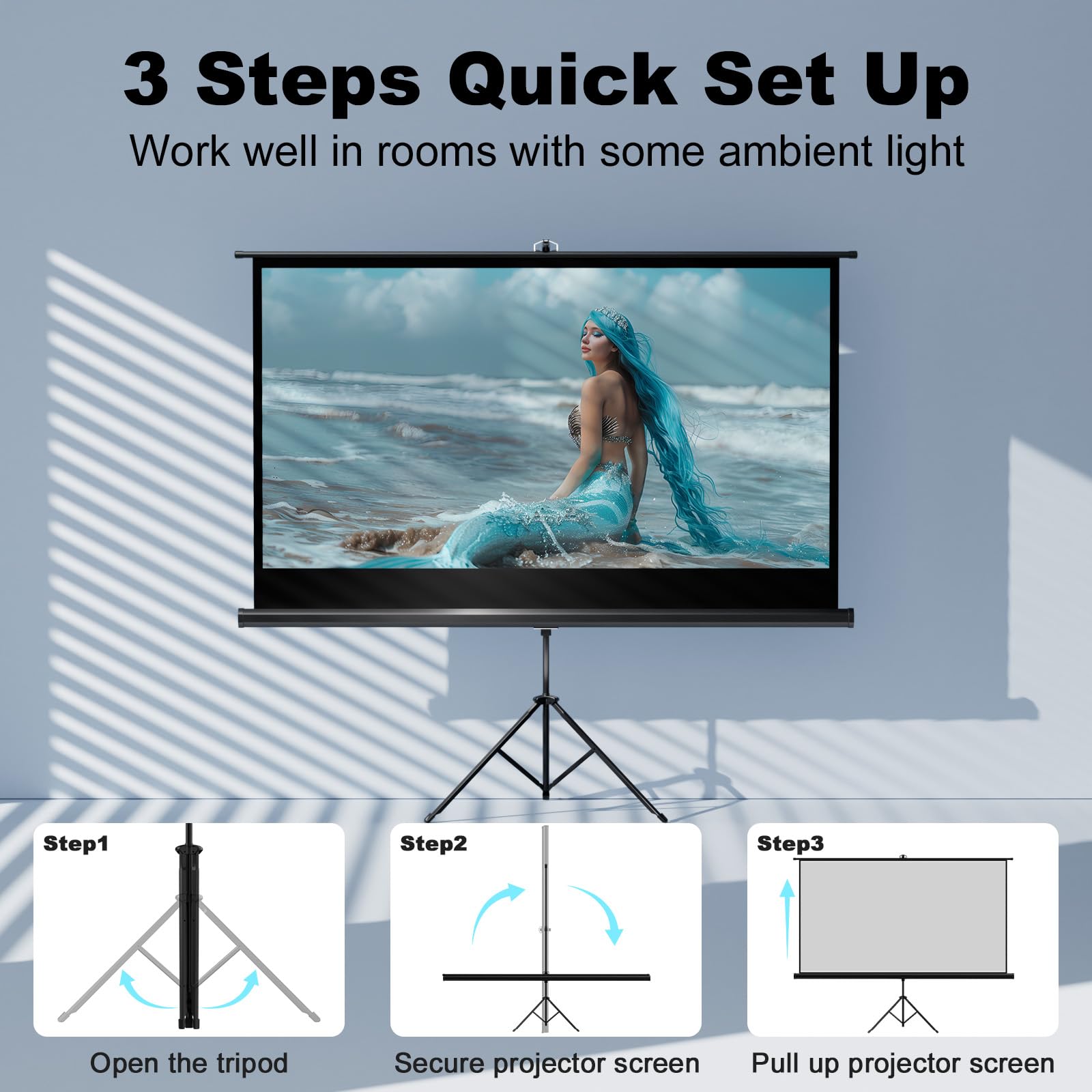 60 Inch Portable Outdoor Projector Screen with Stand Tripod - Indoor/Outdoor Pull Up Projection Screen 16:9 Adjustable for Home Theater, Backyard Movie Nights, Camping & Parties - Includes Carry Bag