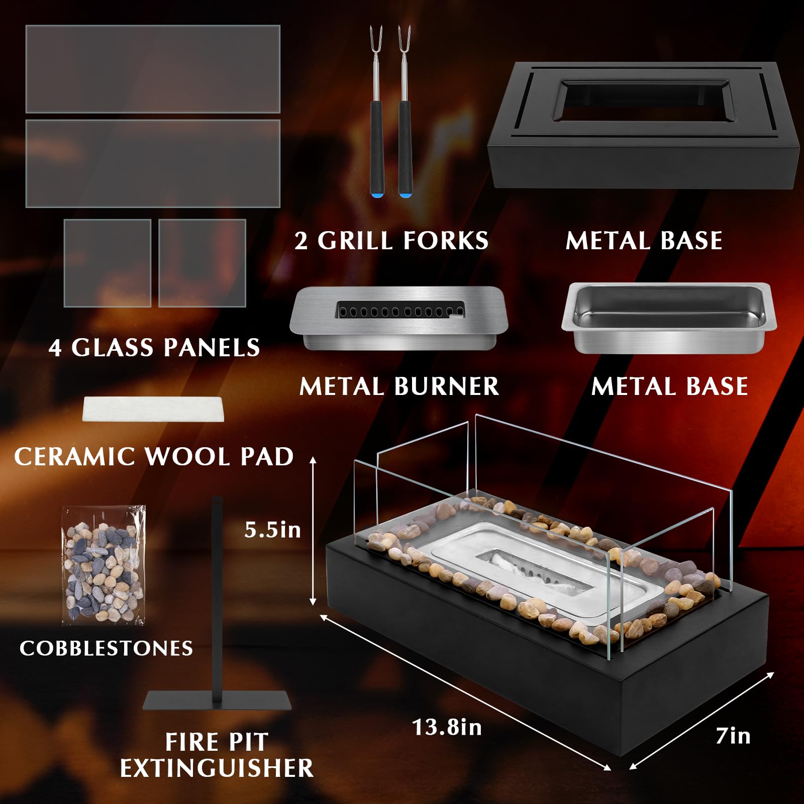 Portable Stainless Steel Tabletop Fire Pit - Safe Outdoor/Indoor Cobblestone Fireplace for Backyard, Patio & Camping - Perfect for Dinner Parties, S'mores Making & Ambiance (Black)
