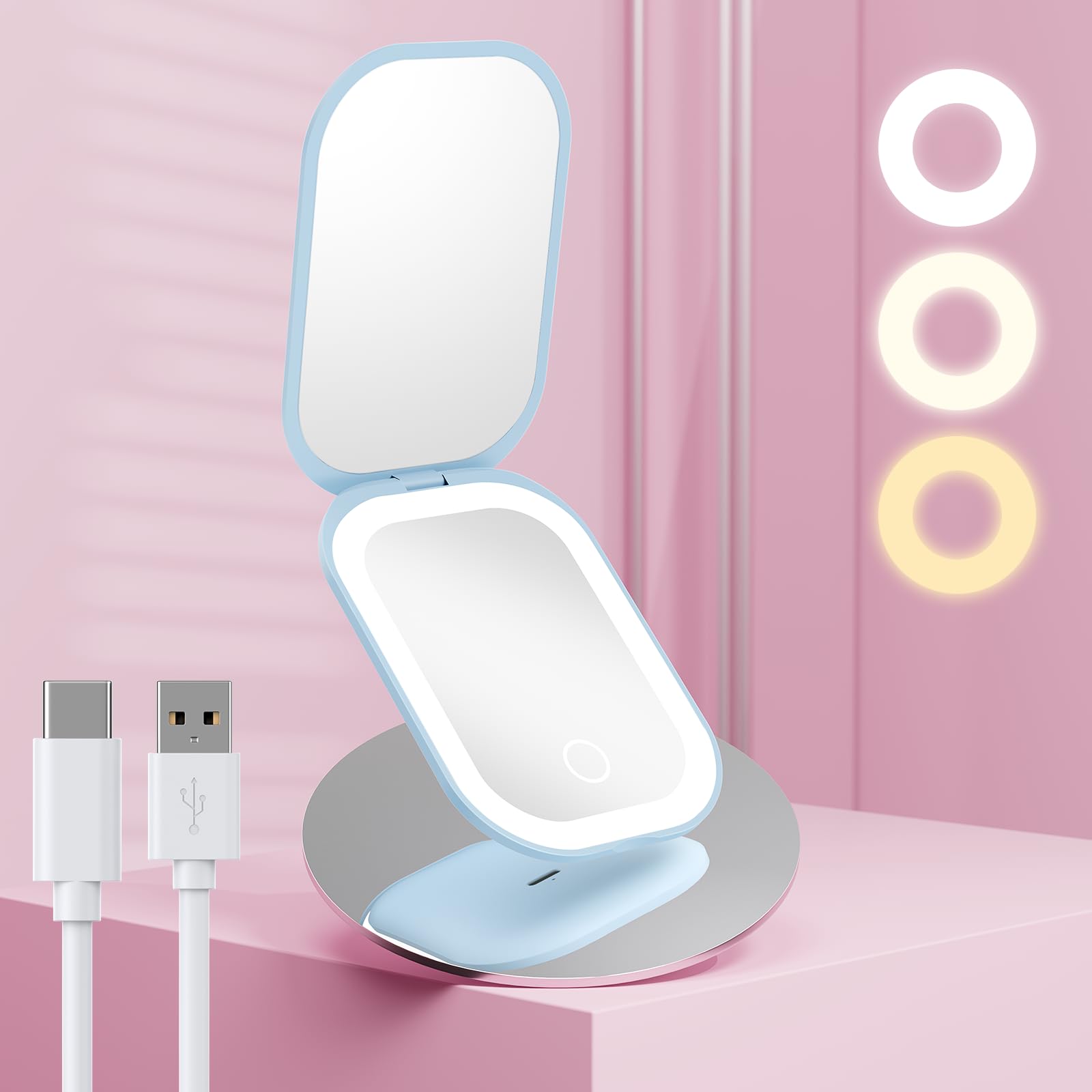 Benbilry Ultra-Slim LED Travel Makeup Mirror - 1X/3X Magnification with Dimmable Lights, Magnetic Closure & Rechargeable - Perfect for Travel & Purse