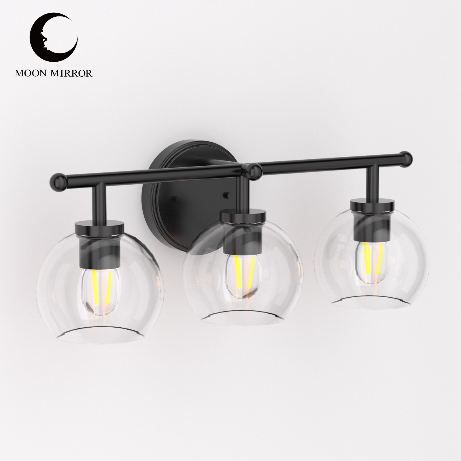 Modern Black Metal Frame Wall Sconce with Glass Shade - Moon Mirror Design Lighting Fixture for Bedroom, Living Room, Hallway & Entryway Decor