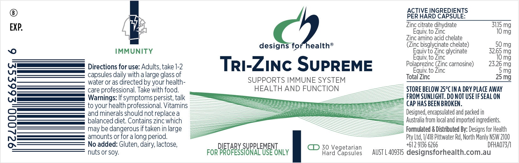 Designs for Health Tri Zinc Supreme - Premium Zinc Supplement for Immune Support & Gut Health - Ideal for Daily Wellness & Immune Boosting