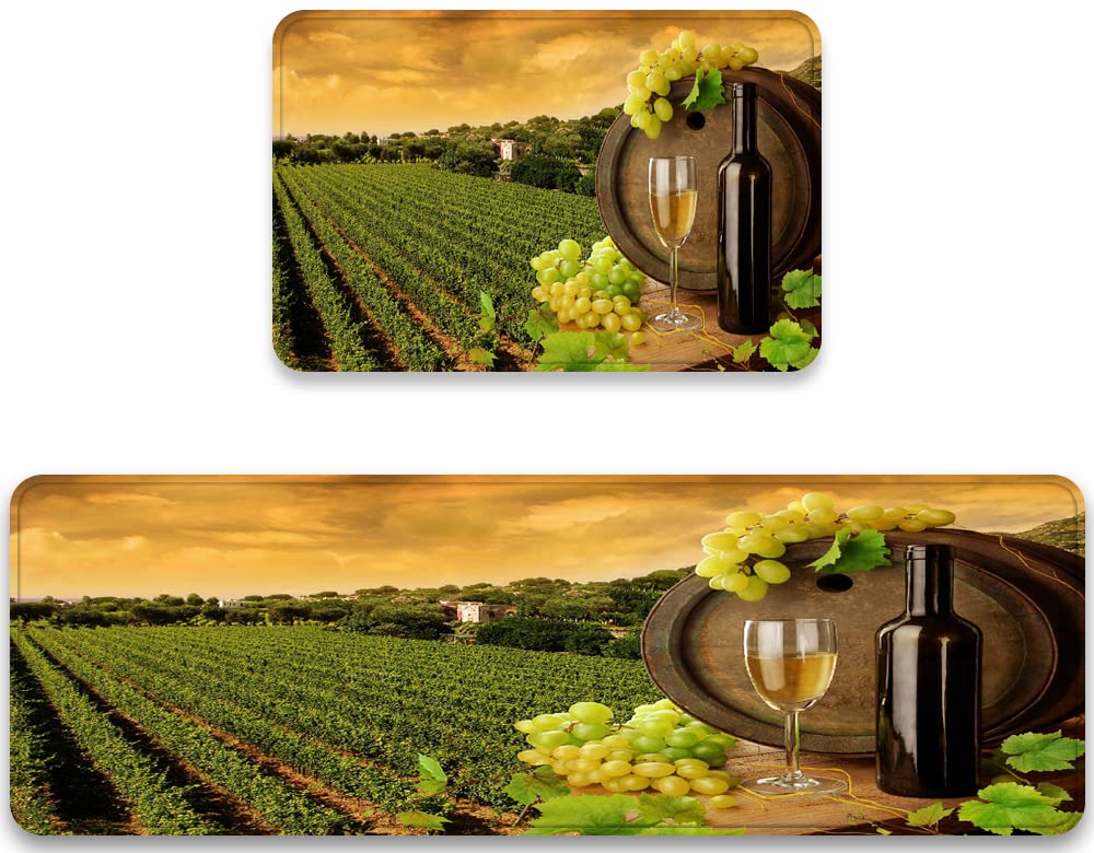 2-Piece Kitchen Rug Set - Non-Slip Washable Floor Mats with Wine Grapes & Sunset Vineyard Design, Cushioned Doormat & Runner for Home Decor | Perfect for Kitchens, Entryways, and High-Traffic Areas