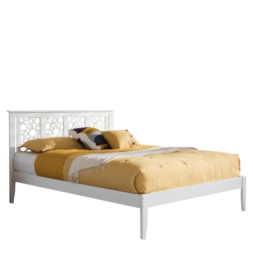 Allora Mid Century Modern Rubberwood Queen Size Platform Bed Frame - White | Solid Wood Bed with Storage Underneath | Perfect for Small Spaces & Minimalist Bedrooms