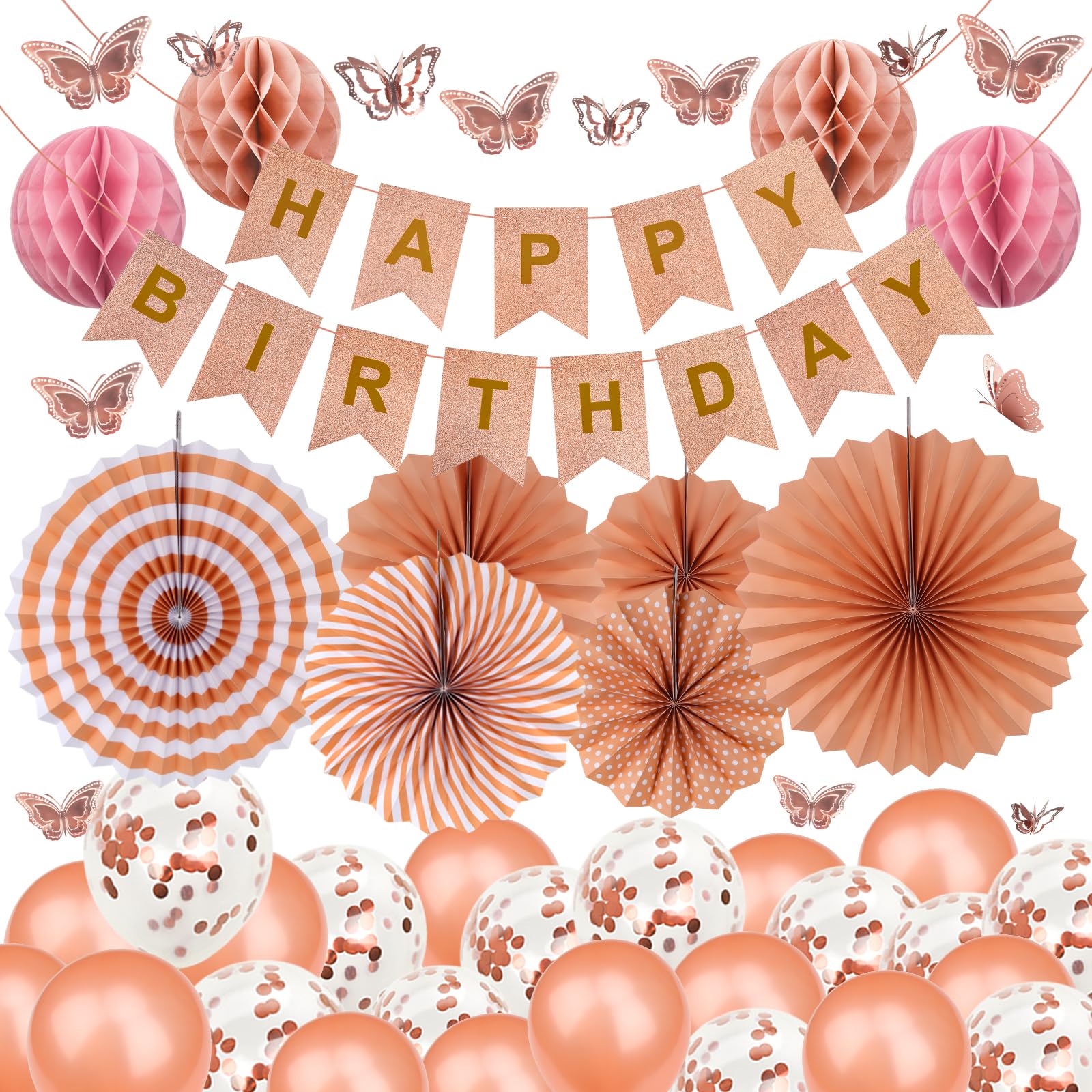 Rose Gold Birthday Party Decorations Set - Happy Birthday Banner, Paper Honeycomb Fans, Pompoms & Balloons for Girls, Women & Adults - Perfect for Birthday Parties, Baby Showers & Bridal Showers