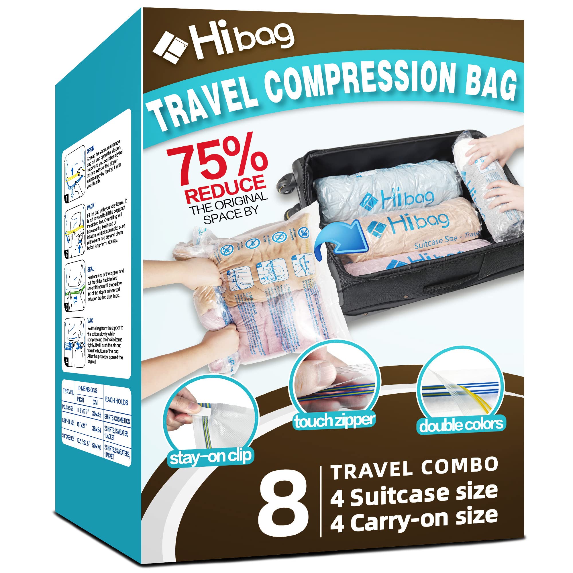 8-Pack Vacuum Compression Storage Bags for Travel - Space Saving Roll-Up Luggage Organizers for Clothes, Bedding & Packing - Perfect for Suitcase, Closet & Moving