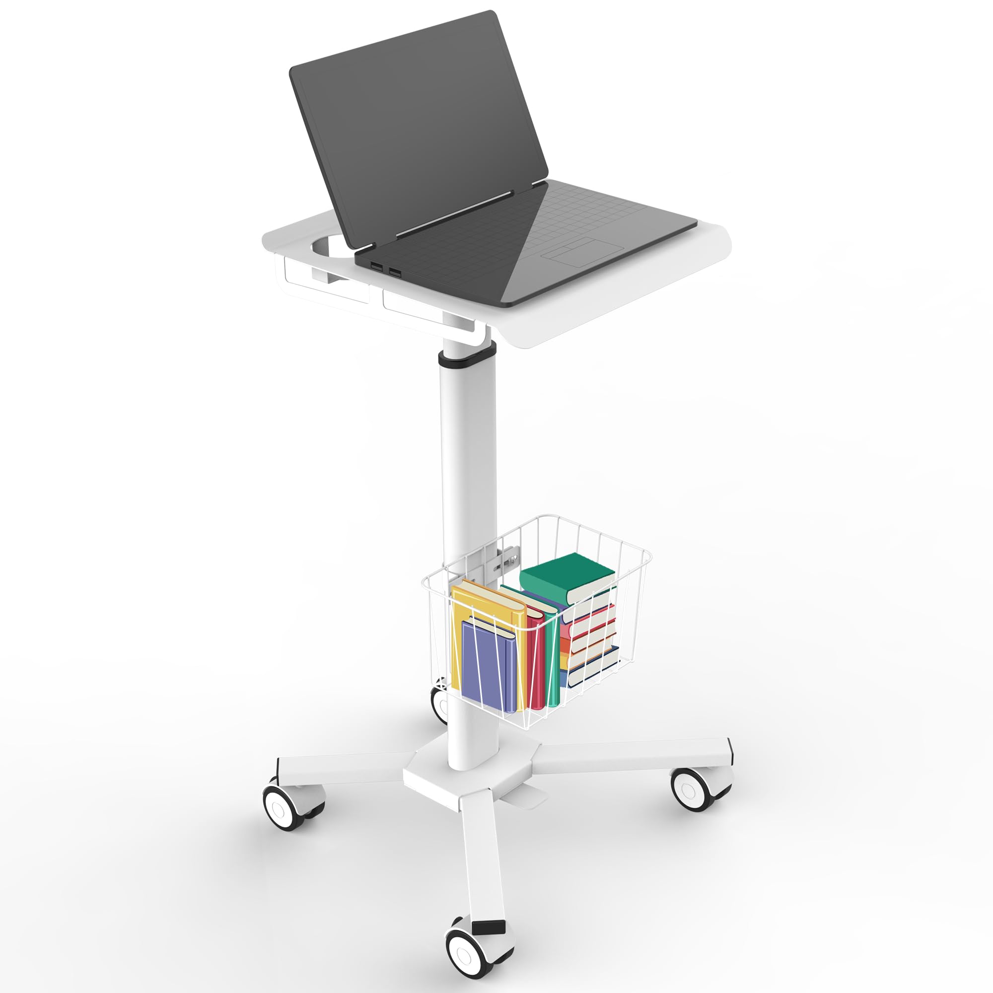 Adjustable Height Portable Laptop Desk with Wheels - White Mobile Computer Cart for Standing Workstation, Home Office, Medical Utility, and Classroom Use
