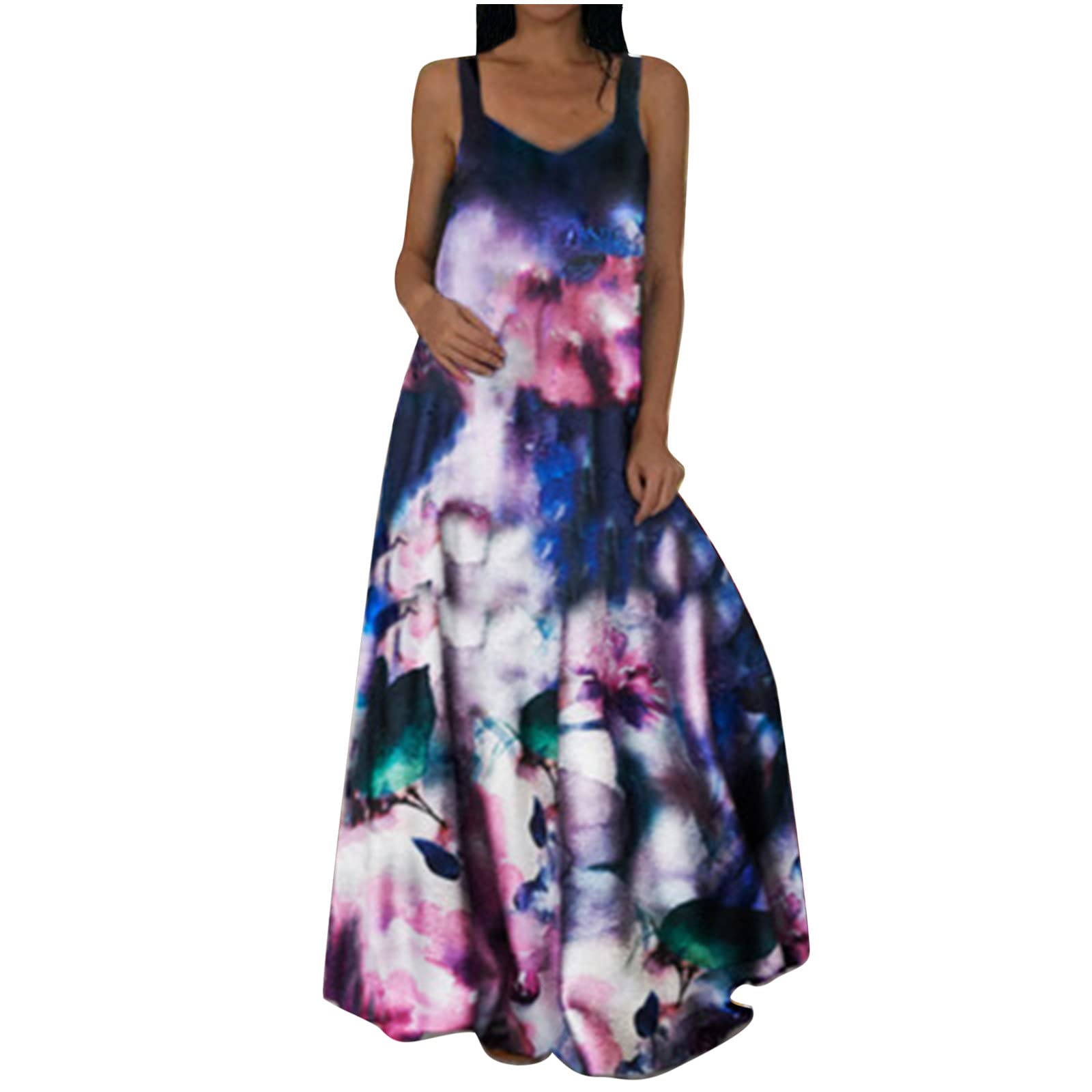 Women's Floral Print Sleeveless Maxi Dress - Bohemian Beach Dress with O-Neck & Floor Length Design for Summer Vacations, Pool Parties & Outdoor Weddings