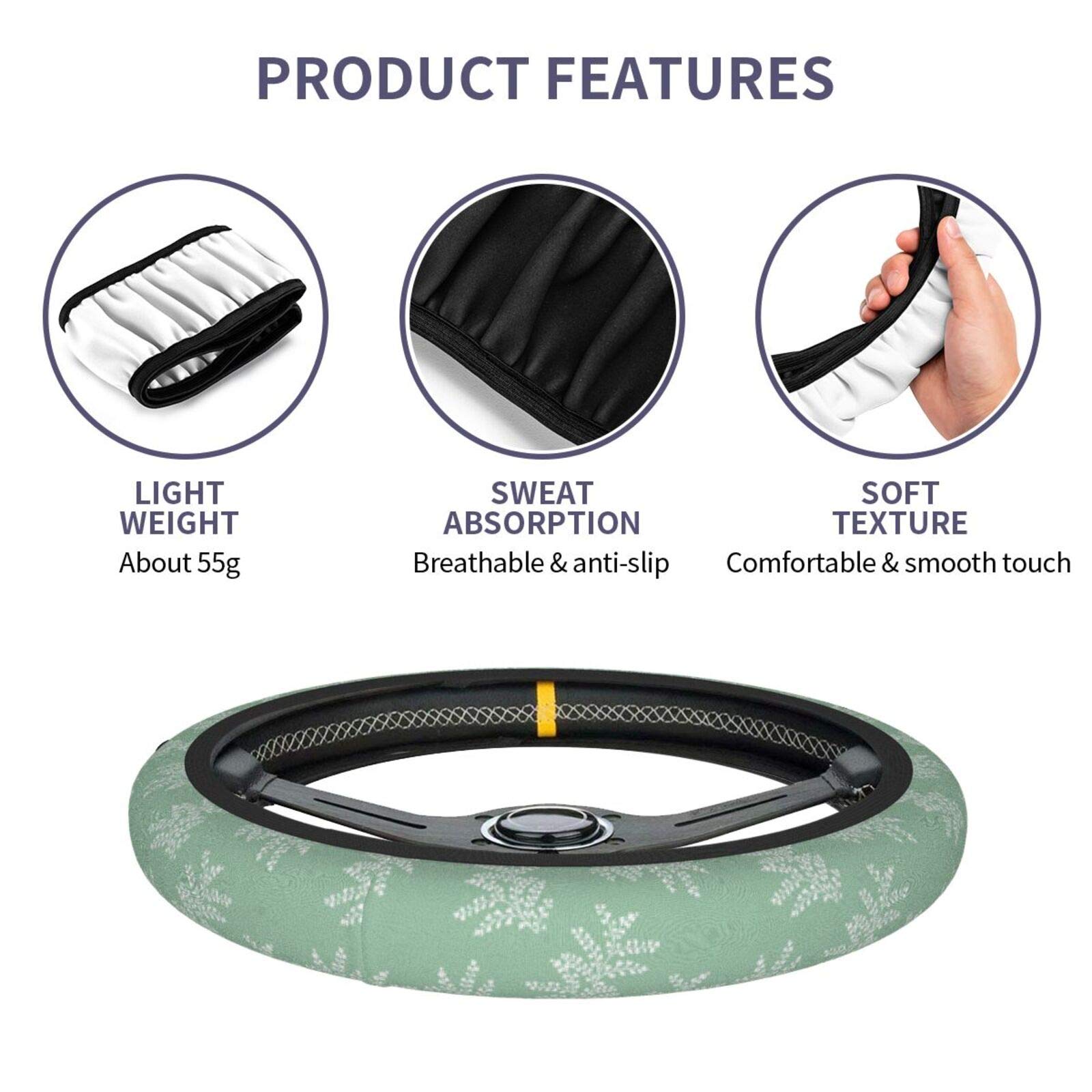 Universal 15 Inch Ferns Sage Green Steering Wheel Cover for Cars - Soft & Non-Slip Grip for Women, Men & Teens - Perfect for Commuting, Road Trips & Everyday Driving Comfort