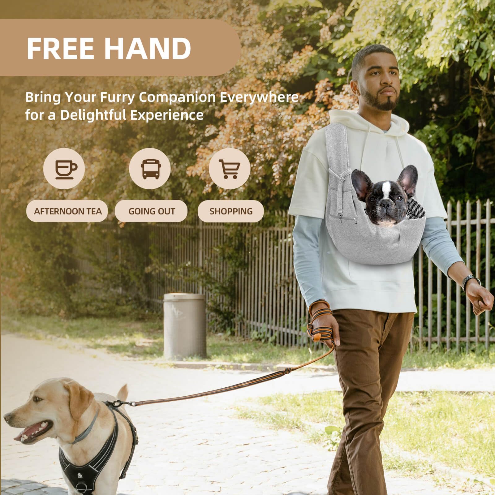 Adjustable Hands-Free Dog Carrier Sling for Small Dogs & Cats - Lightweight Pet Travel Sling with Zipper Purse Pocket & Safety Harness - Perfect for Hiking, Shopping, and Outdoor Adventures (Gray)