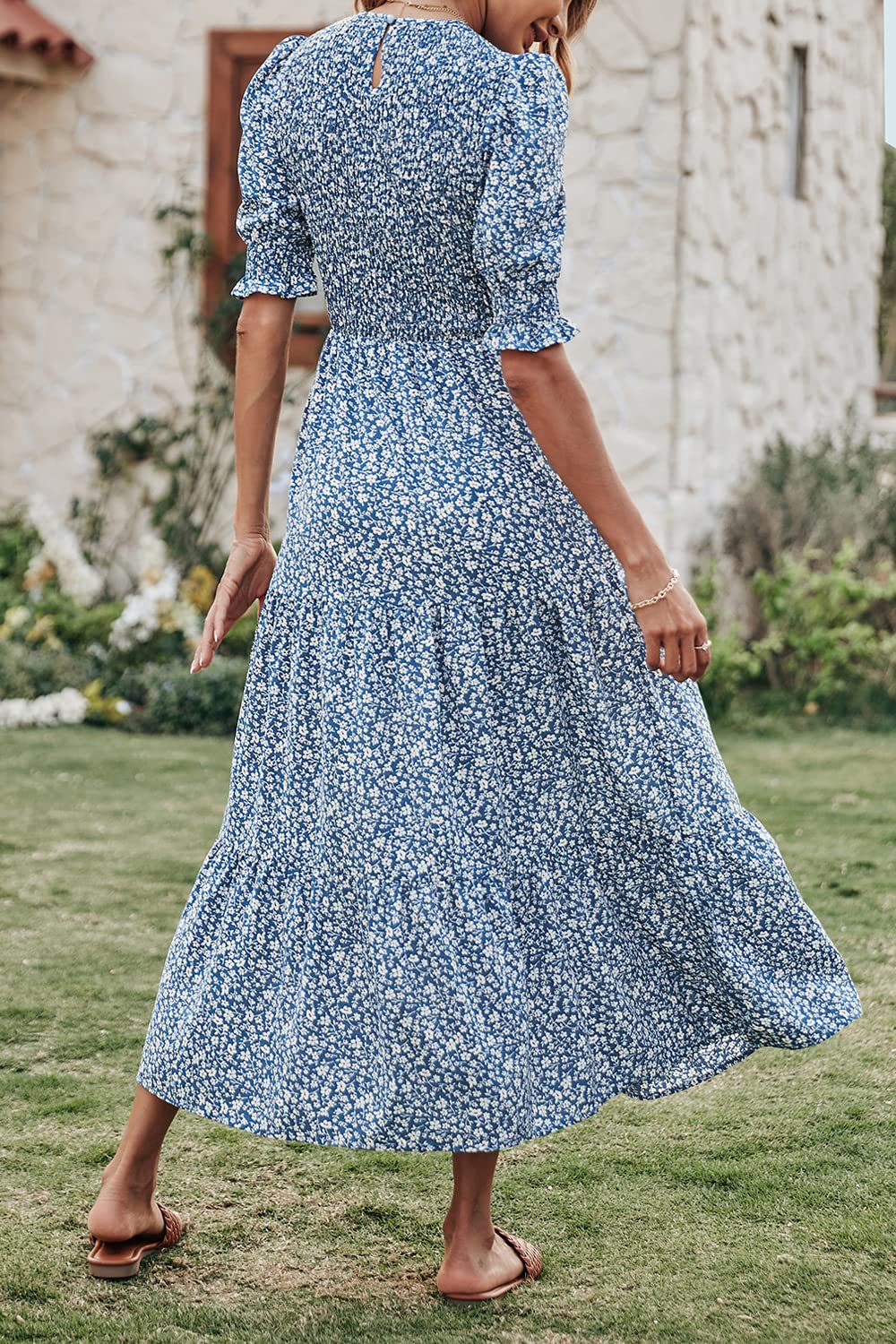 BTFBM Women's Floral Print Boho Maxi Dress - Crew Neck, Ruffle Short Sleeve, Smocked Waist, Flowy Summer Dress for Beach, Vacation & Casual Wear | Spring 2025 Fashion Trends
