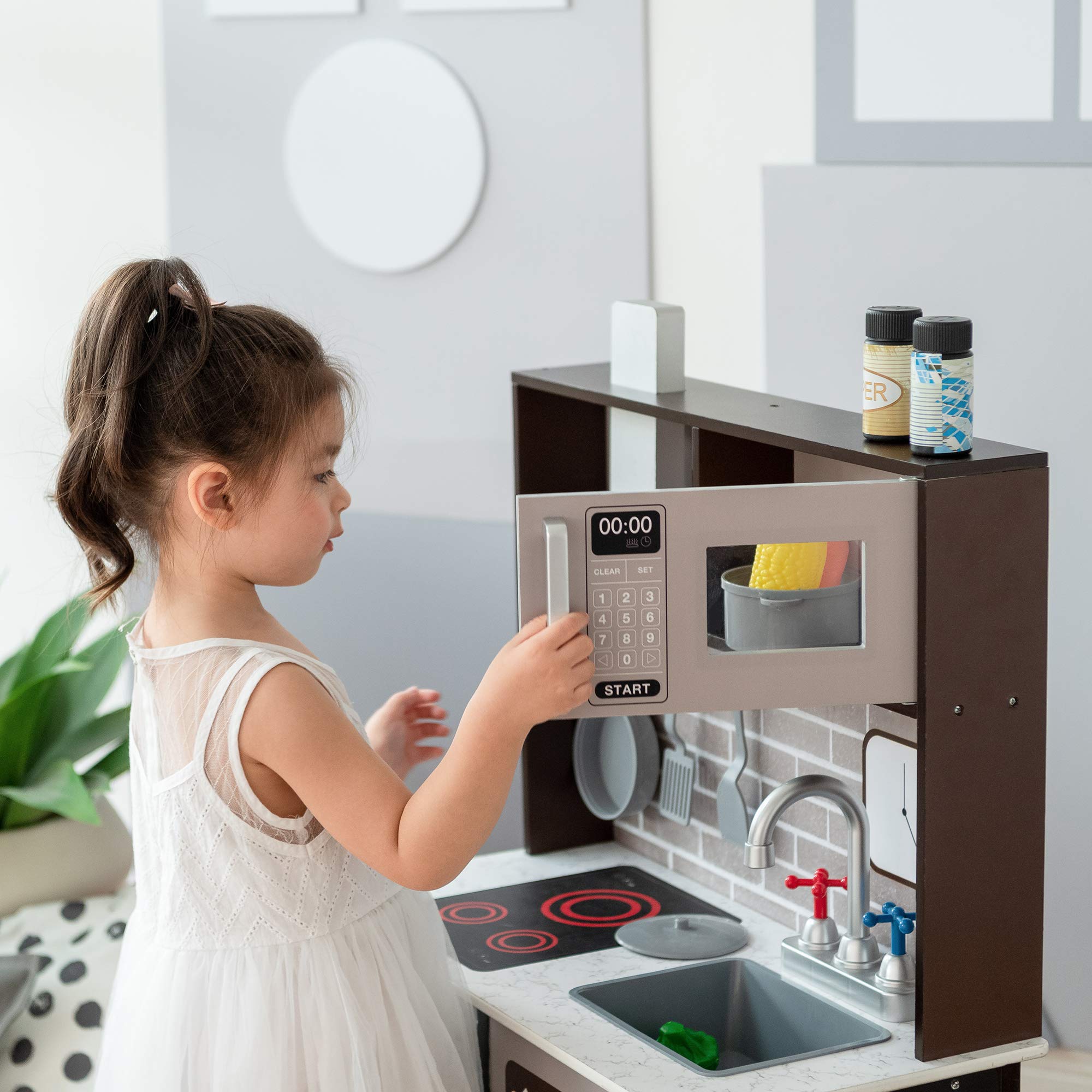 Teamson Kids Little Chef Burgundy Classic Pretend Play Kitchen Set - Espresso & Black Toy Kitchen for Toddlers & Preschoolers - Perfect for Imaginative Play, Role-Playing & Early Learning at Home or Preschool