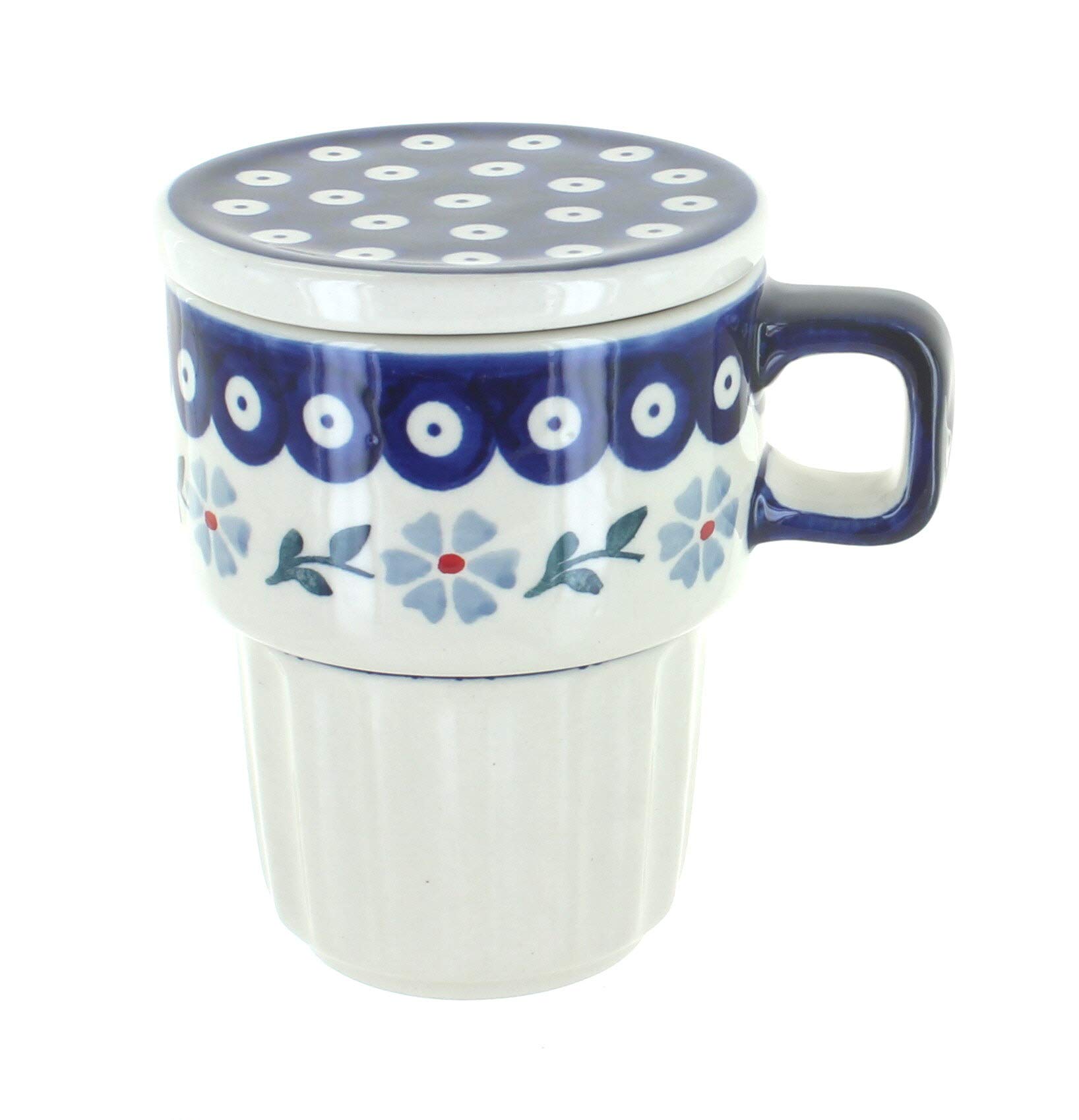 Handmade Blue Rose Polish Pottery Large Mug with Lid - Blue Violet Ceramic Coffee Cup for Home, Office & Gifts