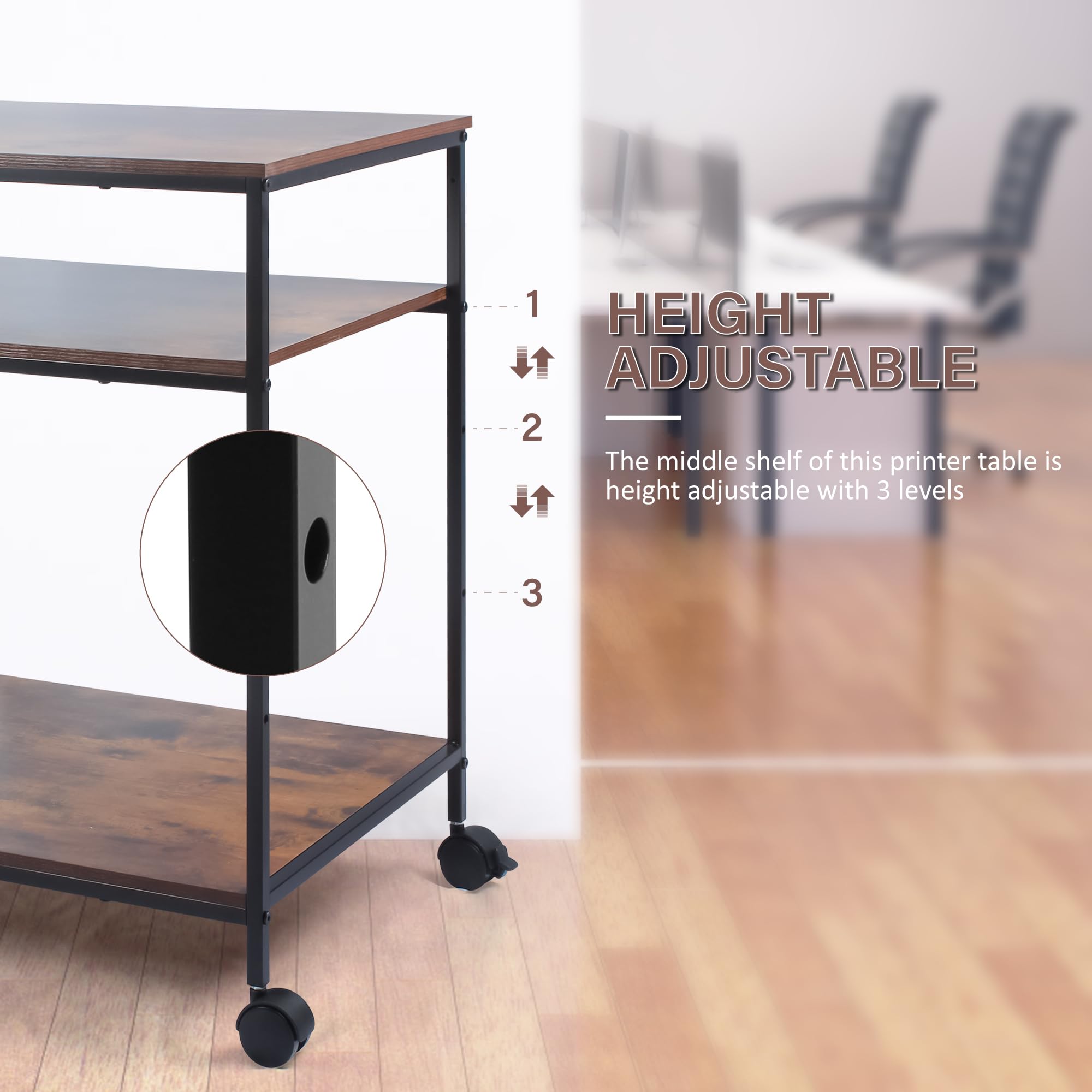 EMERIT 3-Tier Heavy Duty Printer Stand Cart with Adjustable Shelves & Lockable Wheels - 23.6x18.9x31.5 Inches for Laser/Inkjet/All-in-One Printers, Scanners, Fax Machines & Office Supplies - Perfect for Home Office, Small Business & Industrial Workspaces