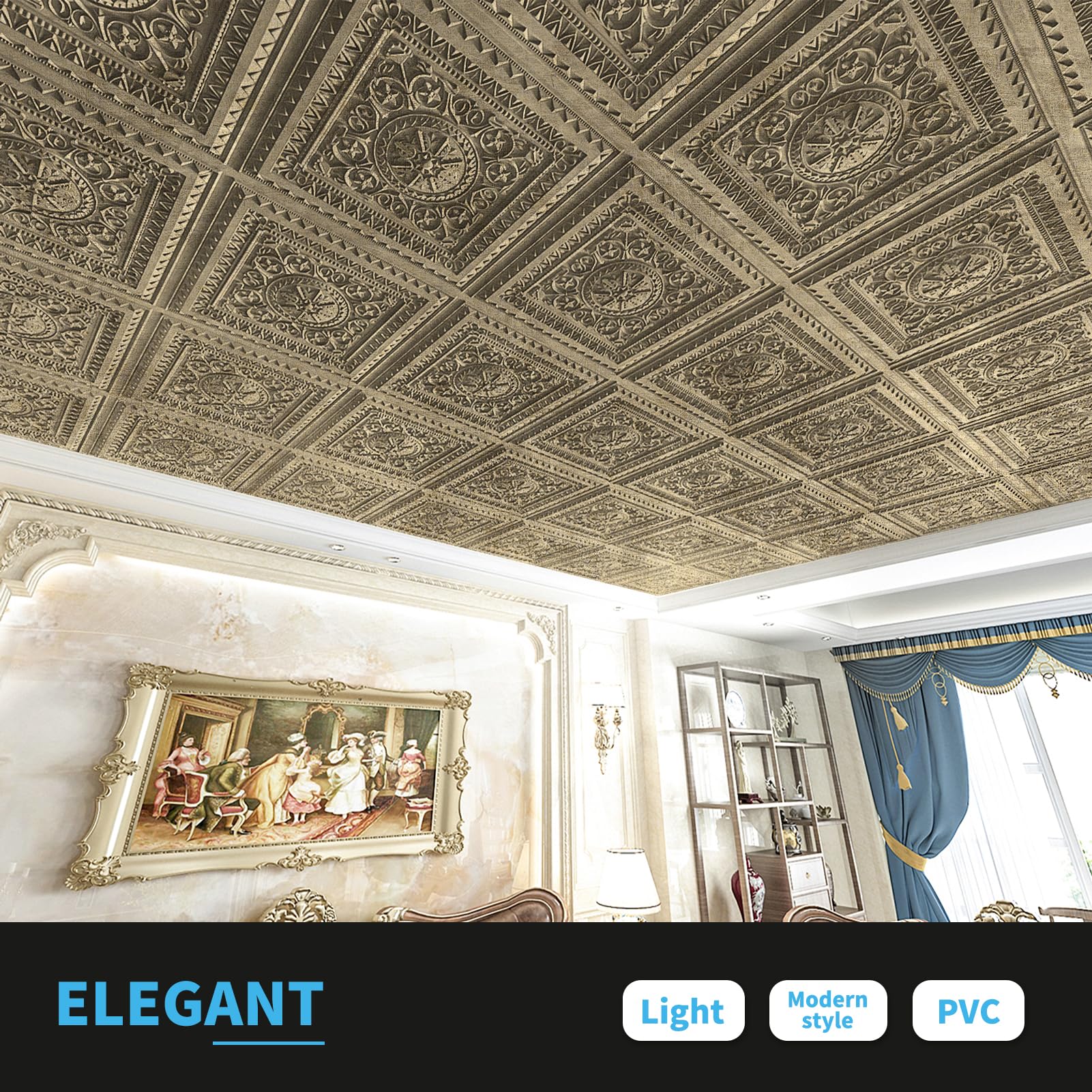 Art3d Drop Ceiling Tiles 2'x2' - 12 Pack Antique Gold Plastic Panels (48 Sq.ft) for Easy Glue-Up Installation - Perfect for Home Office, Basement & Commercial Ceiling Renovations