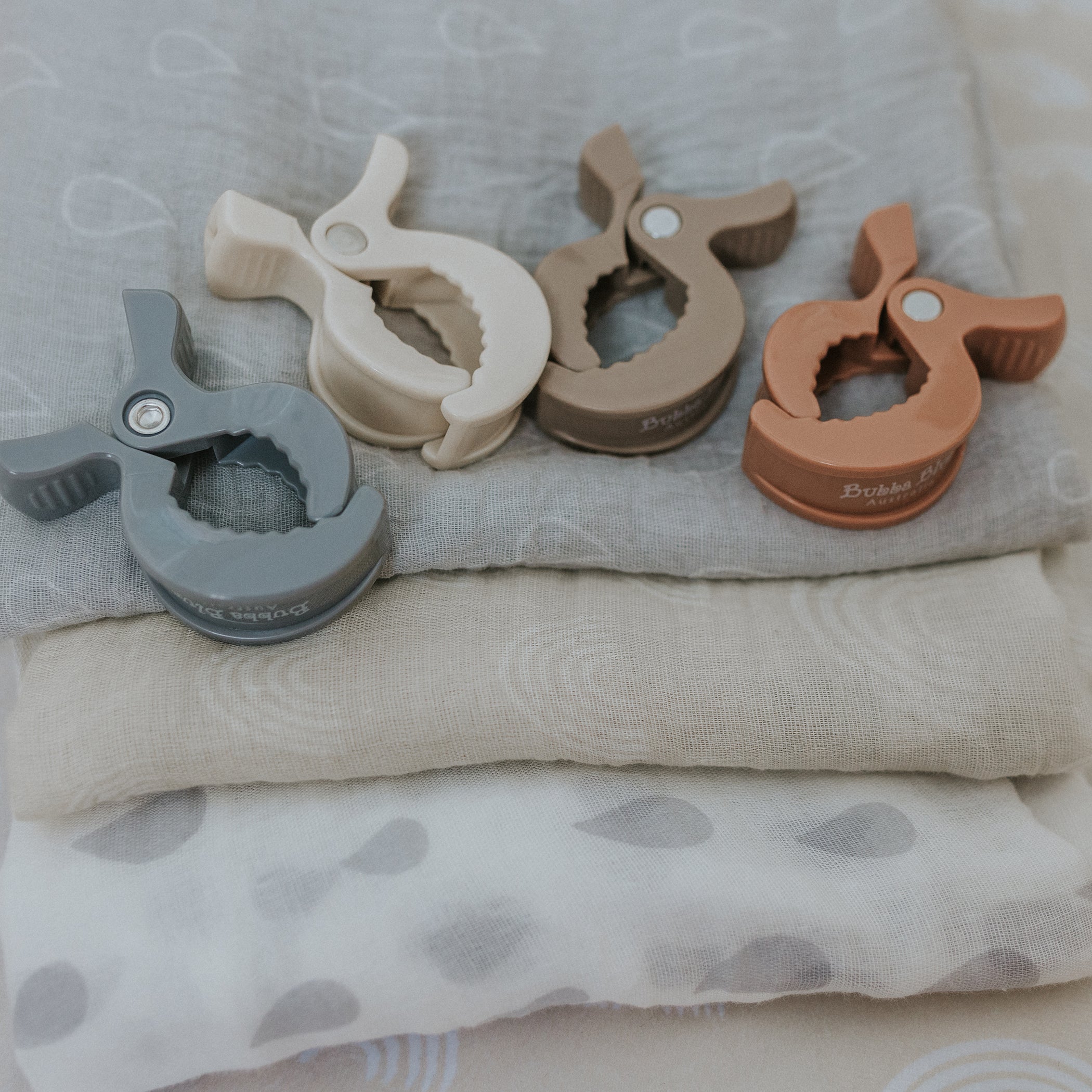 4-Pack Unisex Pram Clips - Grey, Sand, Nutmeg & Terracotta | Secure Baby Stroller Accessories for Shopping Trips & Outdoor Adventures