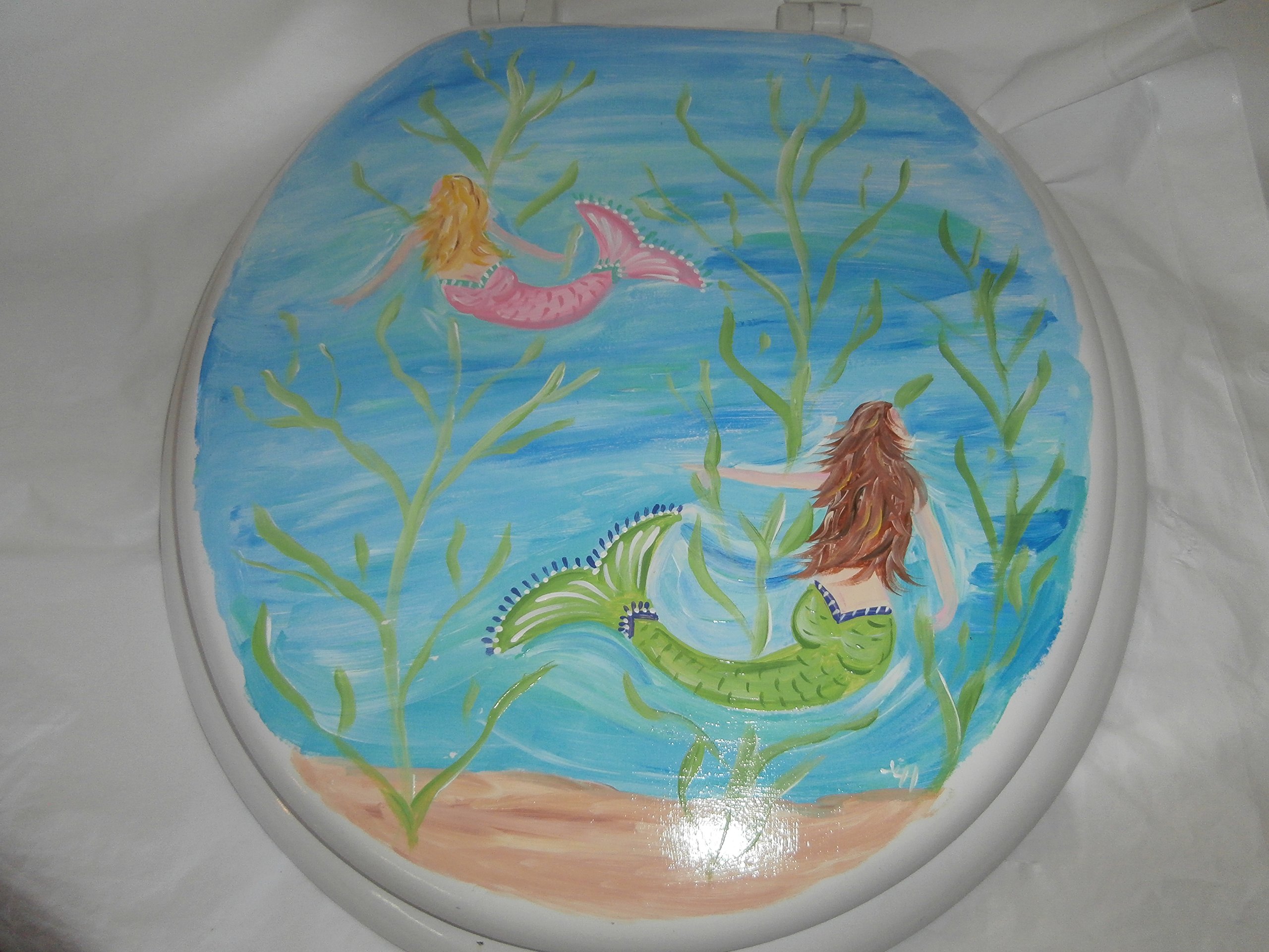 Hand-Painted Swimming Mermaids Elongated Toilet Seat - Unique Bathroom Decor for Beach & Ocean Themed Homes, Kids' Bathrooms & Mermaid Lovers