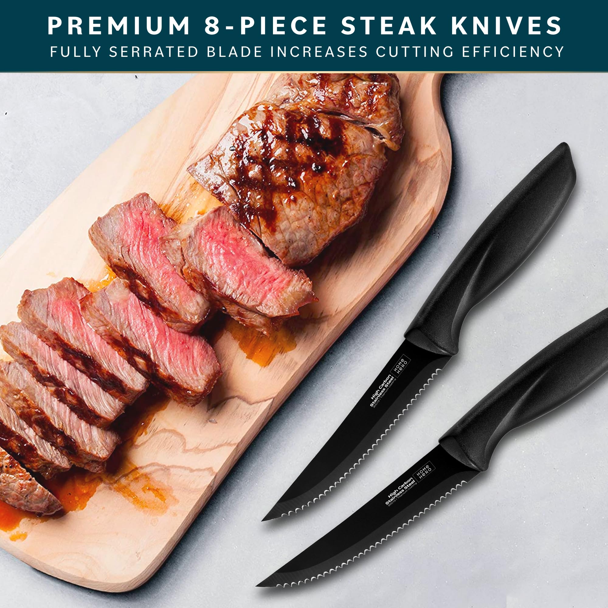 Premium 8-Piece Steak Knife Set - High-Carbon Stainless Steel Blades with Serrated Edge & Ergonomic Handles - Sharp Kitchen Knives for Cutting Meat, Steaks & Roasts - Perfect for Dinner Parties, BBQs & Home Cooking (Black)