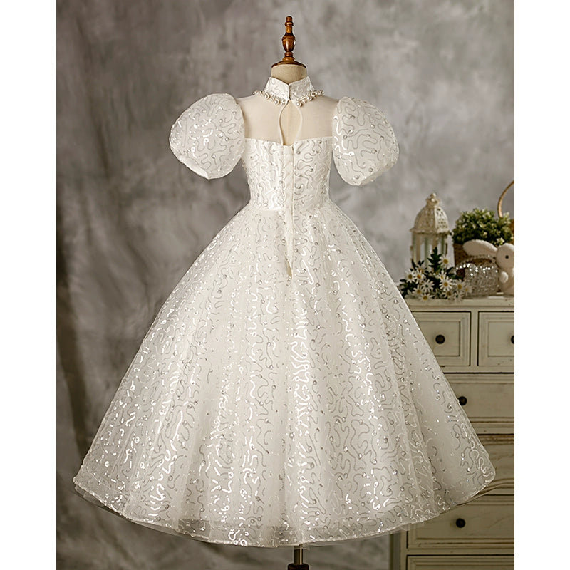 White Princess Mock Neck Floor Length Organza Flower Girl Dress for Weddings, Baptisms & Special Occasions