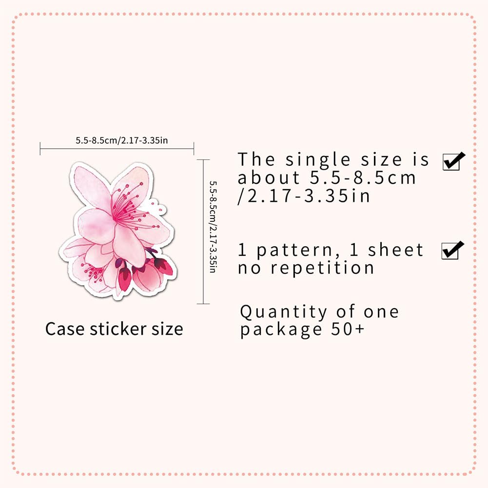 50Pcs Sakura Cherry Blossom Waterproof Vinyl Stickers - Japanese Floral Decals for Bike, Water Bottle, Laptop, Luggage, Skateboard - Perfect for DIY Crafts, Scrapbooking & Home Decor
